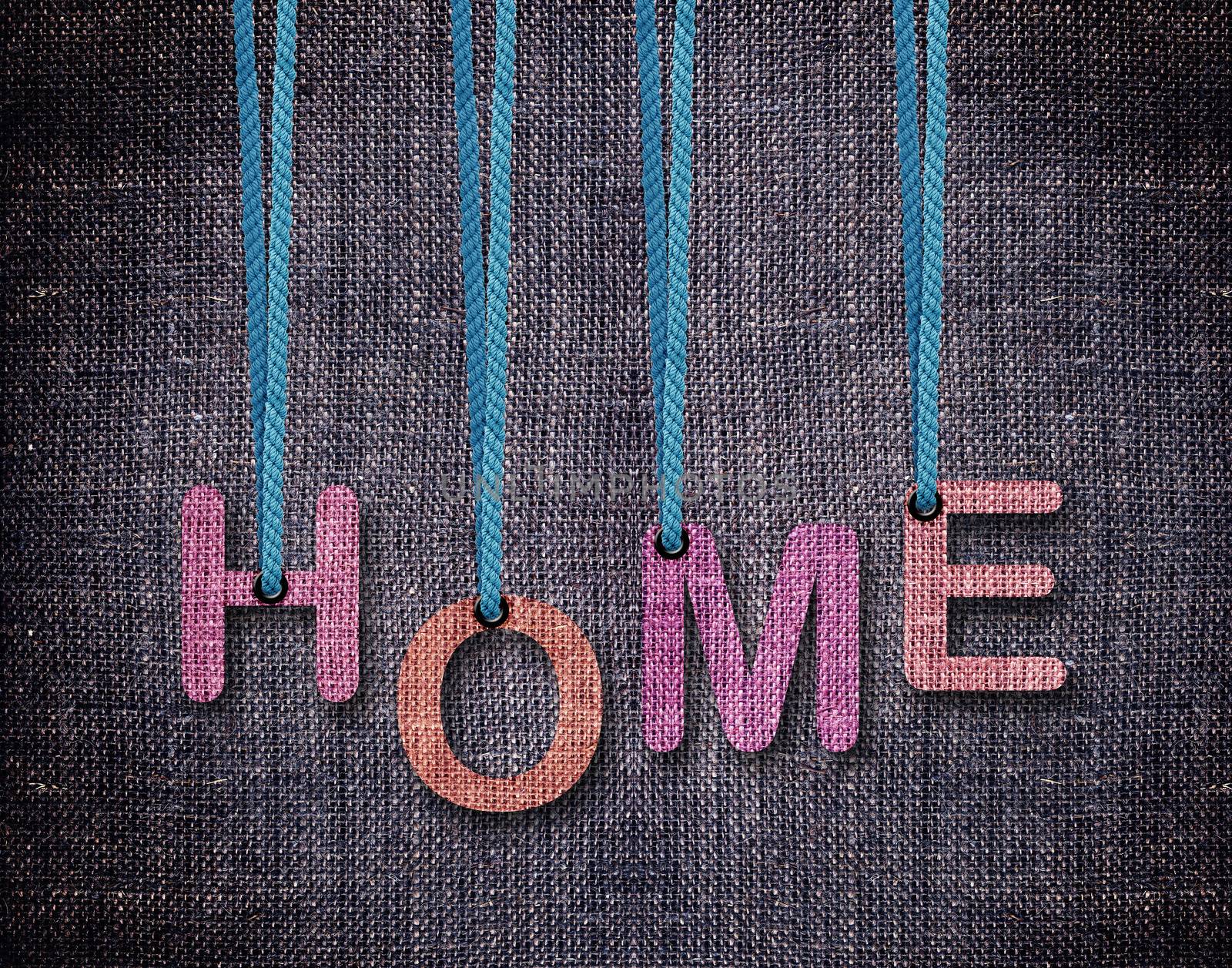 Home Letters hanging strings with blue sackcloth background.