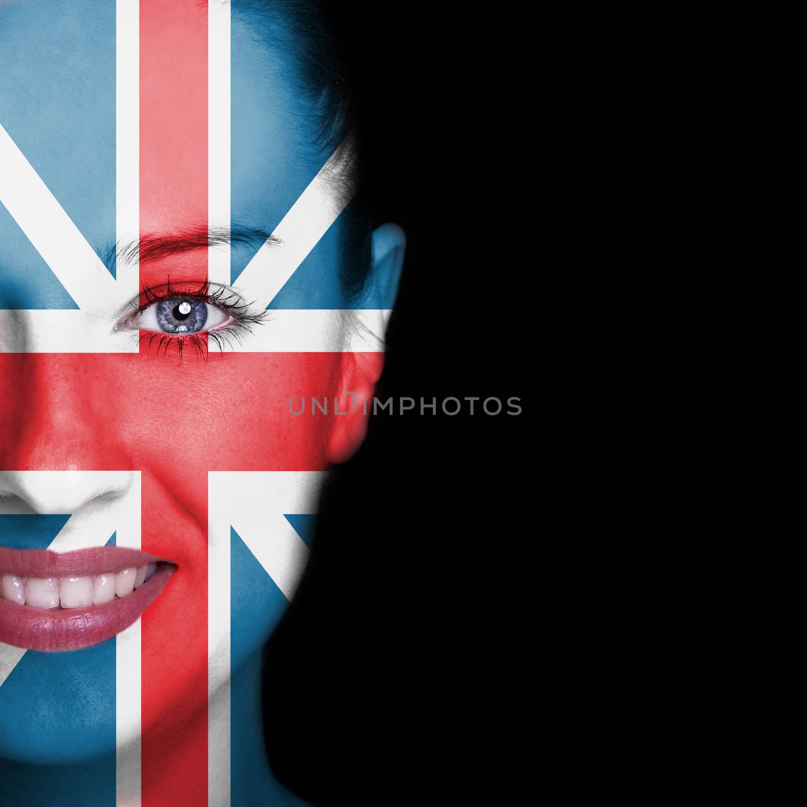 Woman face covered with flag of Great Britain
