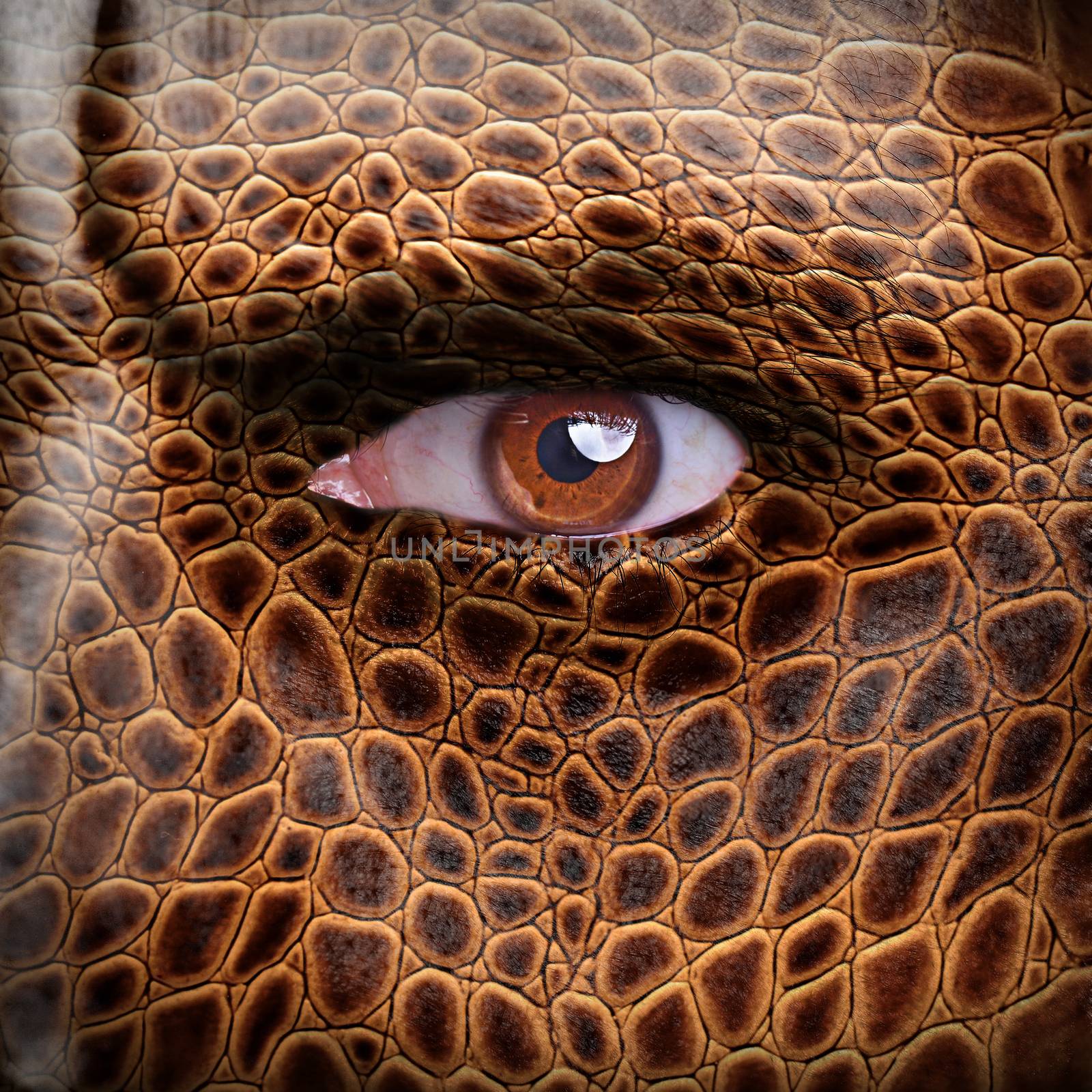 Lizard skin pattern on angry man face - nature concept