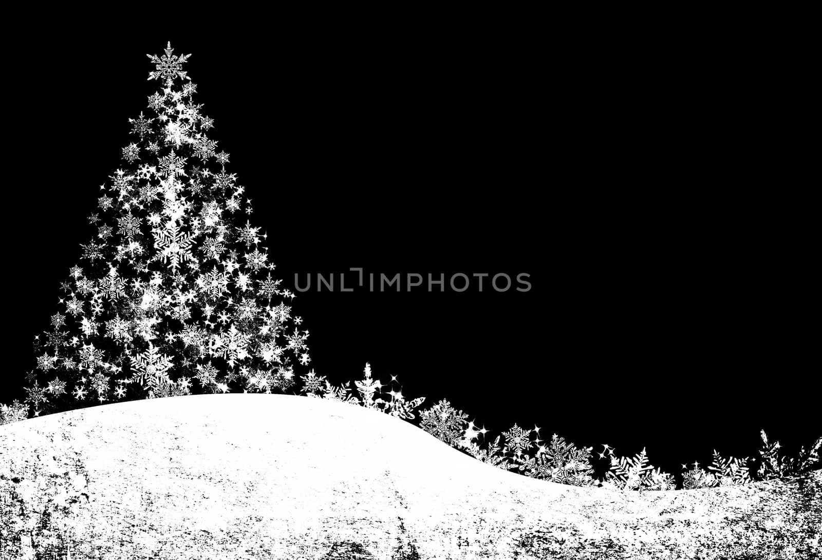 Black christmas background with snowflakes and pine tree