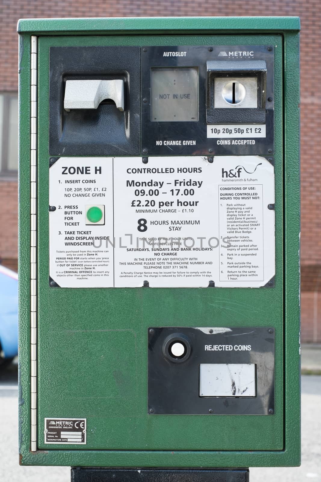 LONDON, UK - MARCH 14: Green park meter in the borough of Hammersmith and Fulham. March 01, 2014 in London.