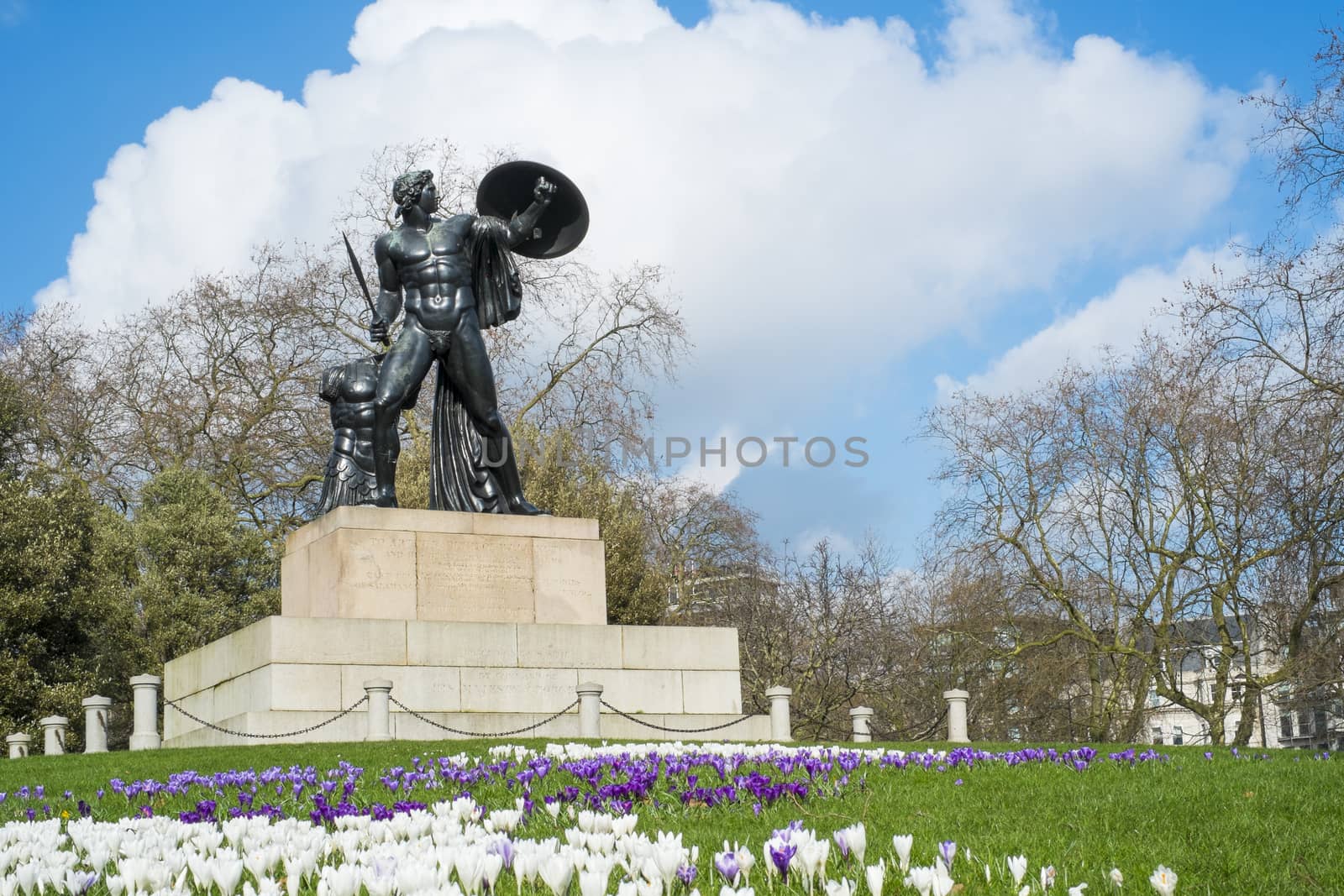 Statue of Achilles in Hyde Park, London, UK, dedicated to the Duke of Wellington and forget with the bronze from captured cannons in campaigns.
