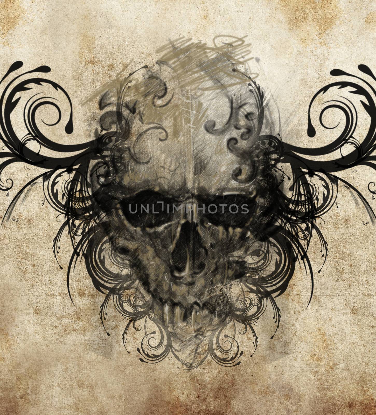 Sketch of tattoo art, skull with tribal flourishes by FernandoCortes