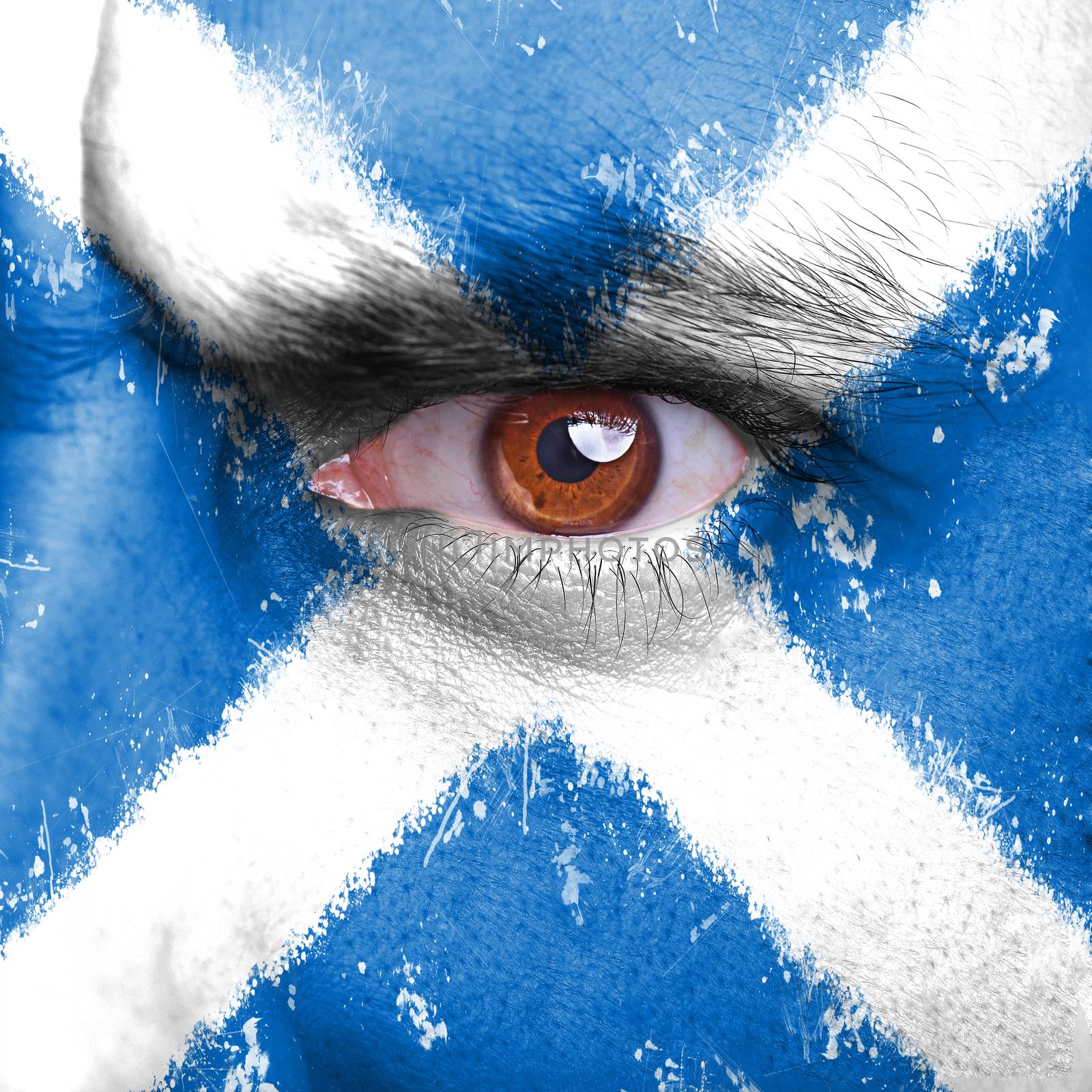 Scotland flag painted on angry man face