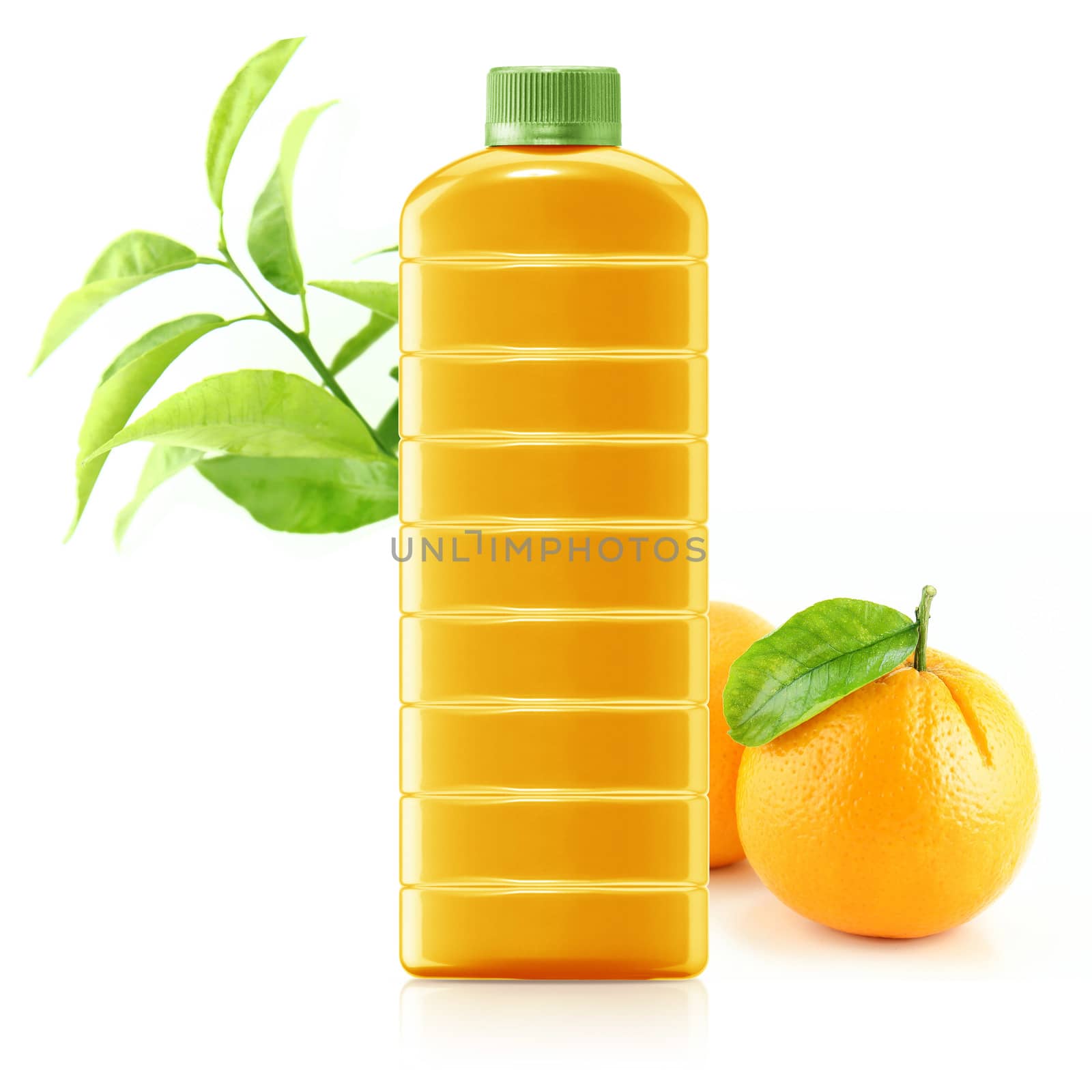 Orange juice in a plastic container jug with fresh orange and leaves on a white background.
