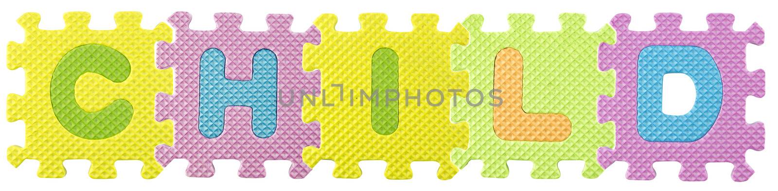 Child word created from Alphabet puzzle isloated on white background , with clipping path.