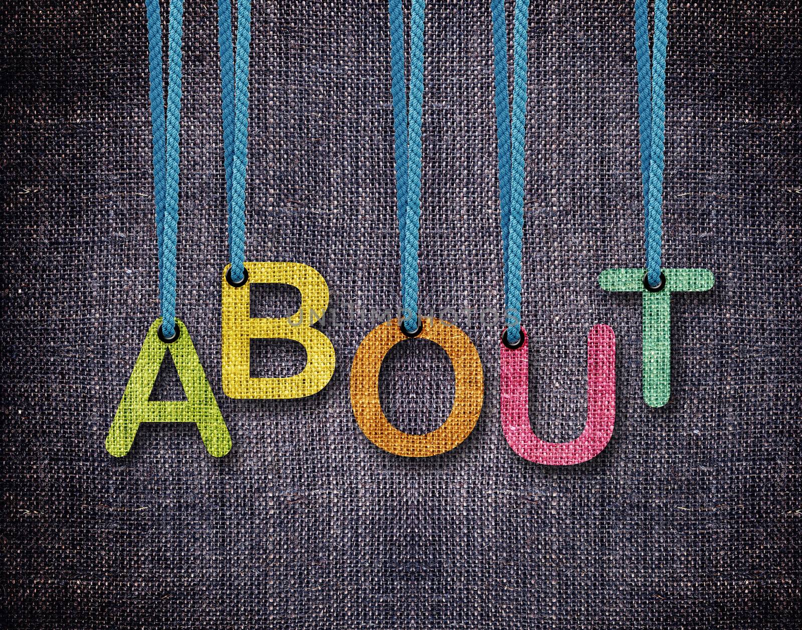 About Letters hanging strings with blue sackcloth background.