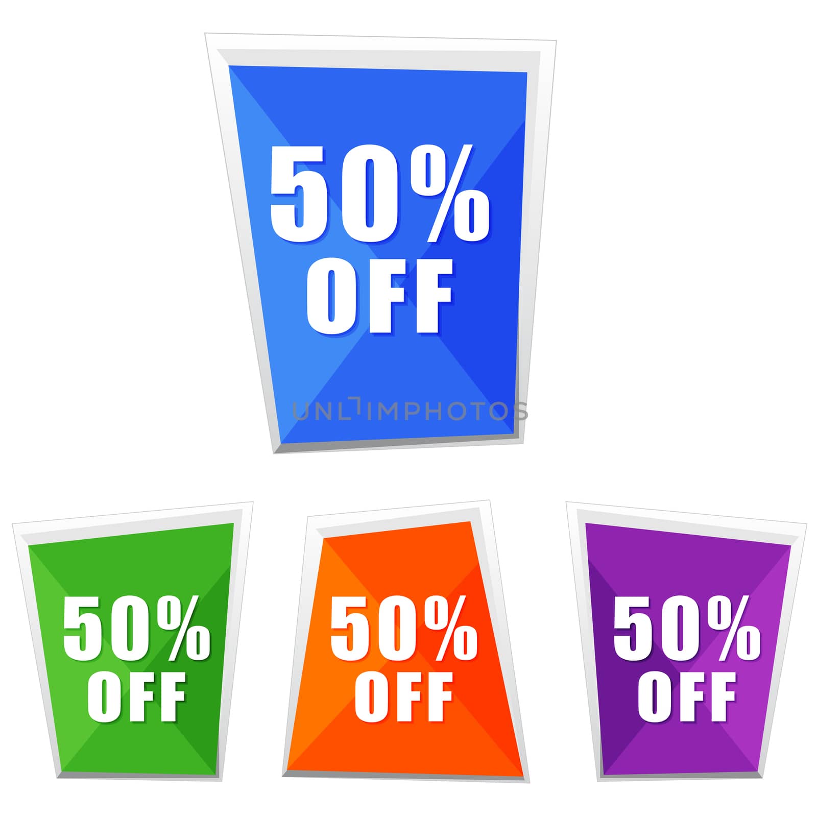 50 percentages off, four colors labels, flat design, business shopping concept