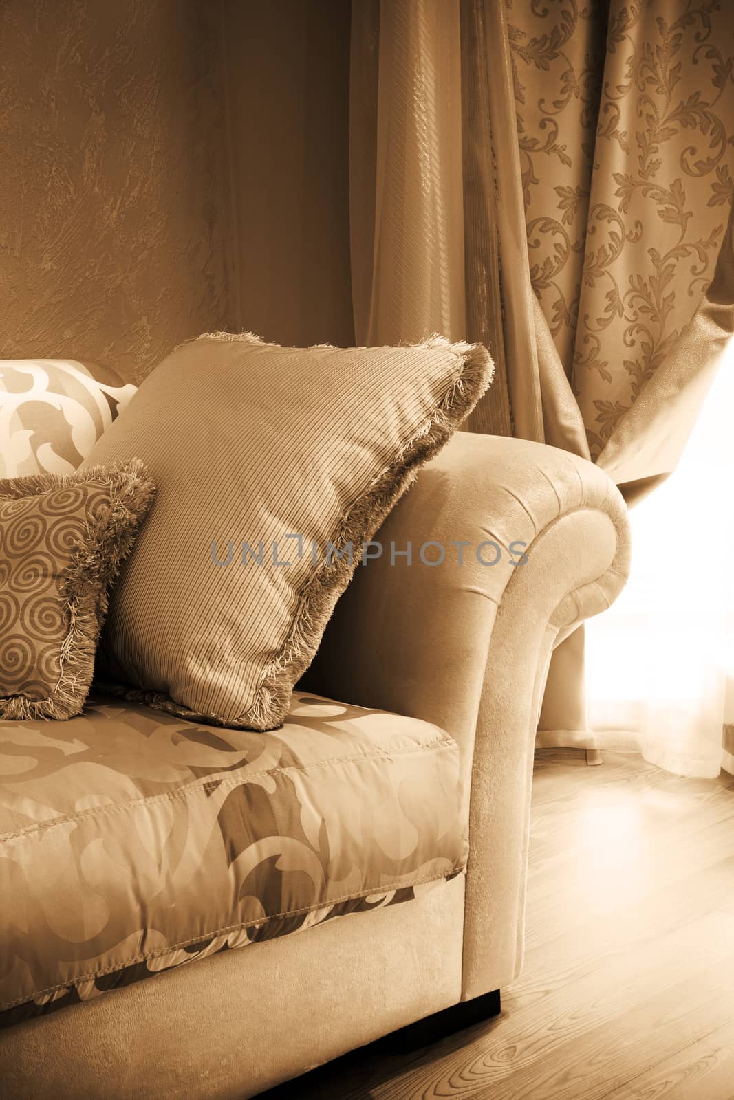 beautiful pillow on a sofa in modern apartment