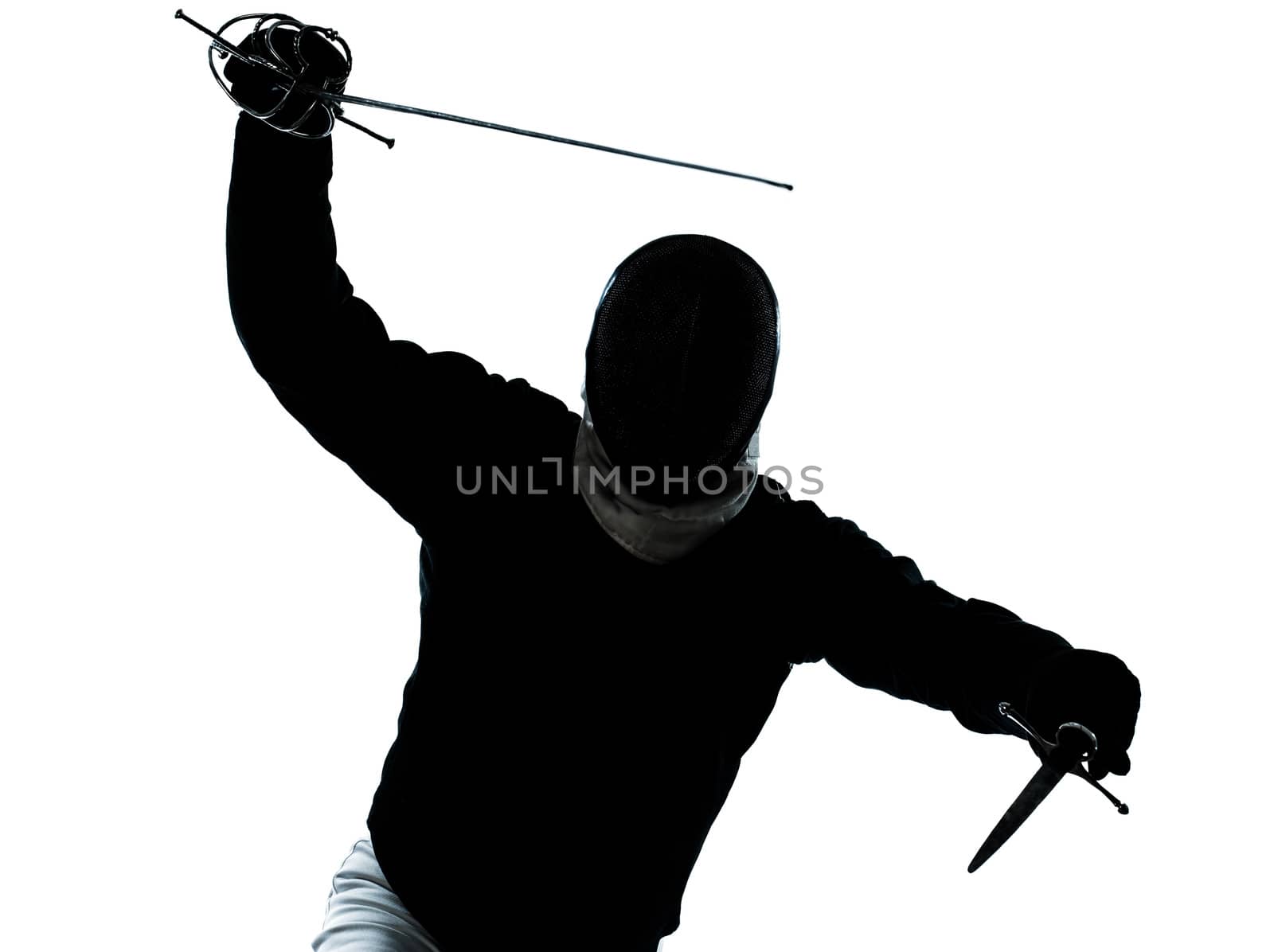 one man fencing silhouette in studio isolated on white background