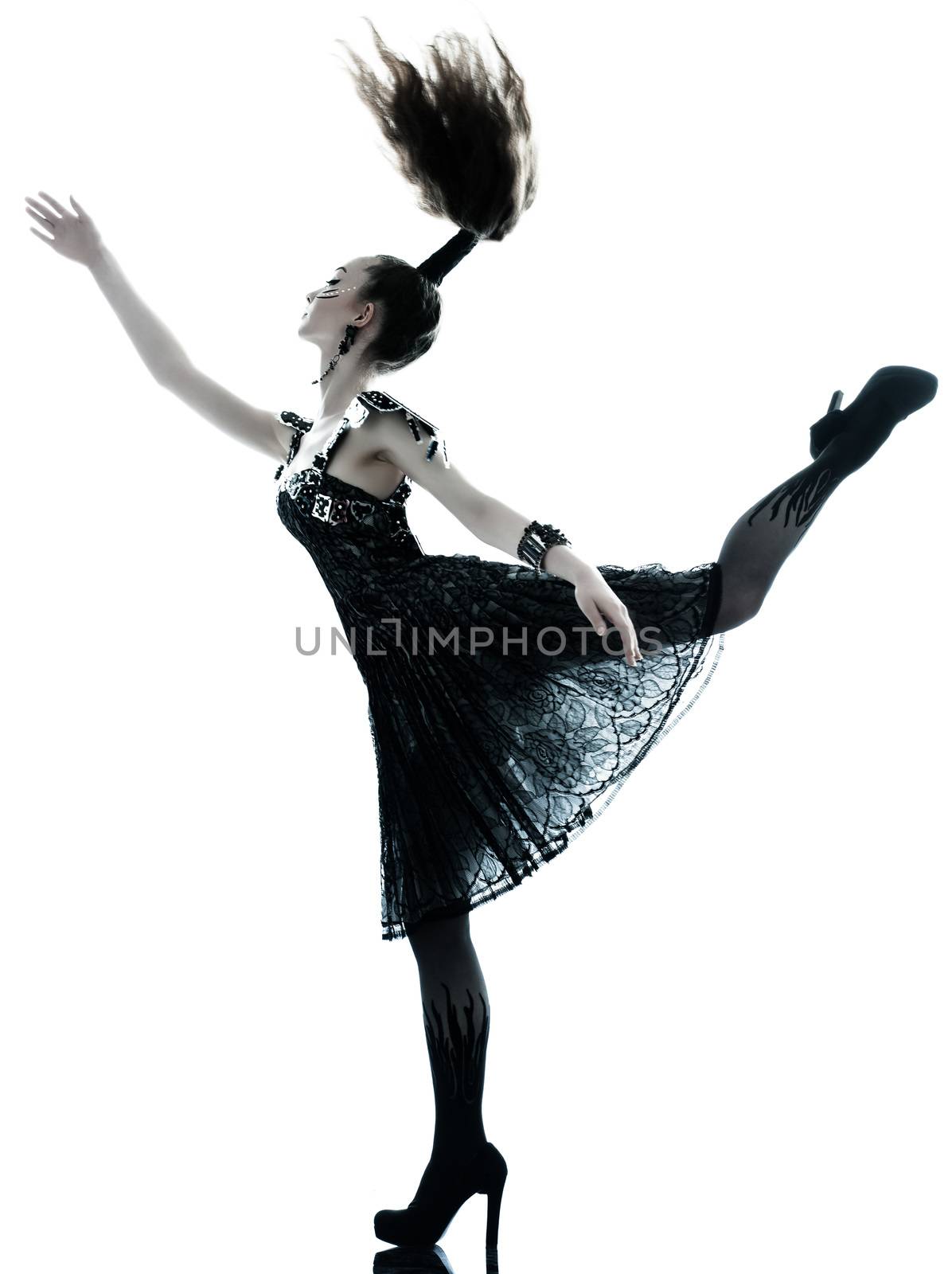 one young beautiful woman fashion model in on aura tout vu silk black fantasy haute couture summer dress in studio white background