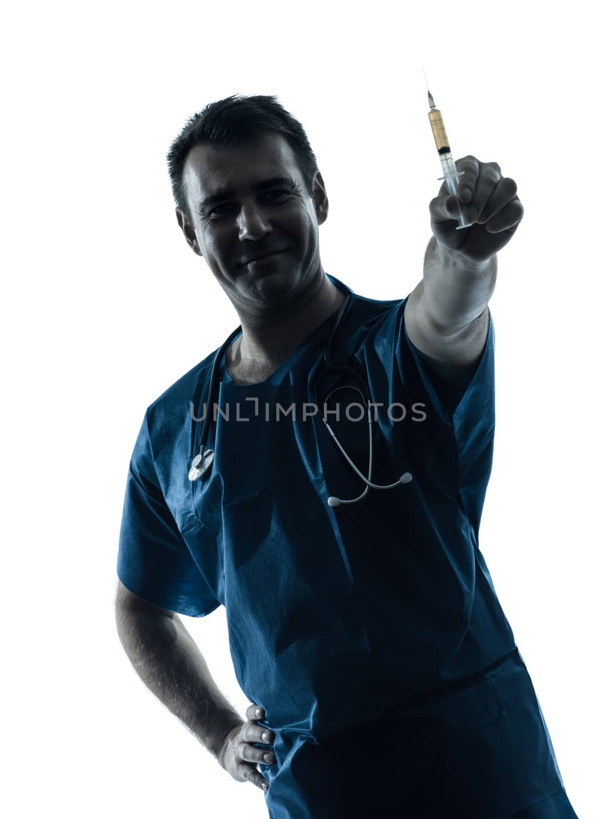 one caucasian man doctor surgeon medical worker holding hypodermic syringe silhouette isolated on white background