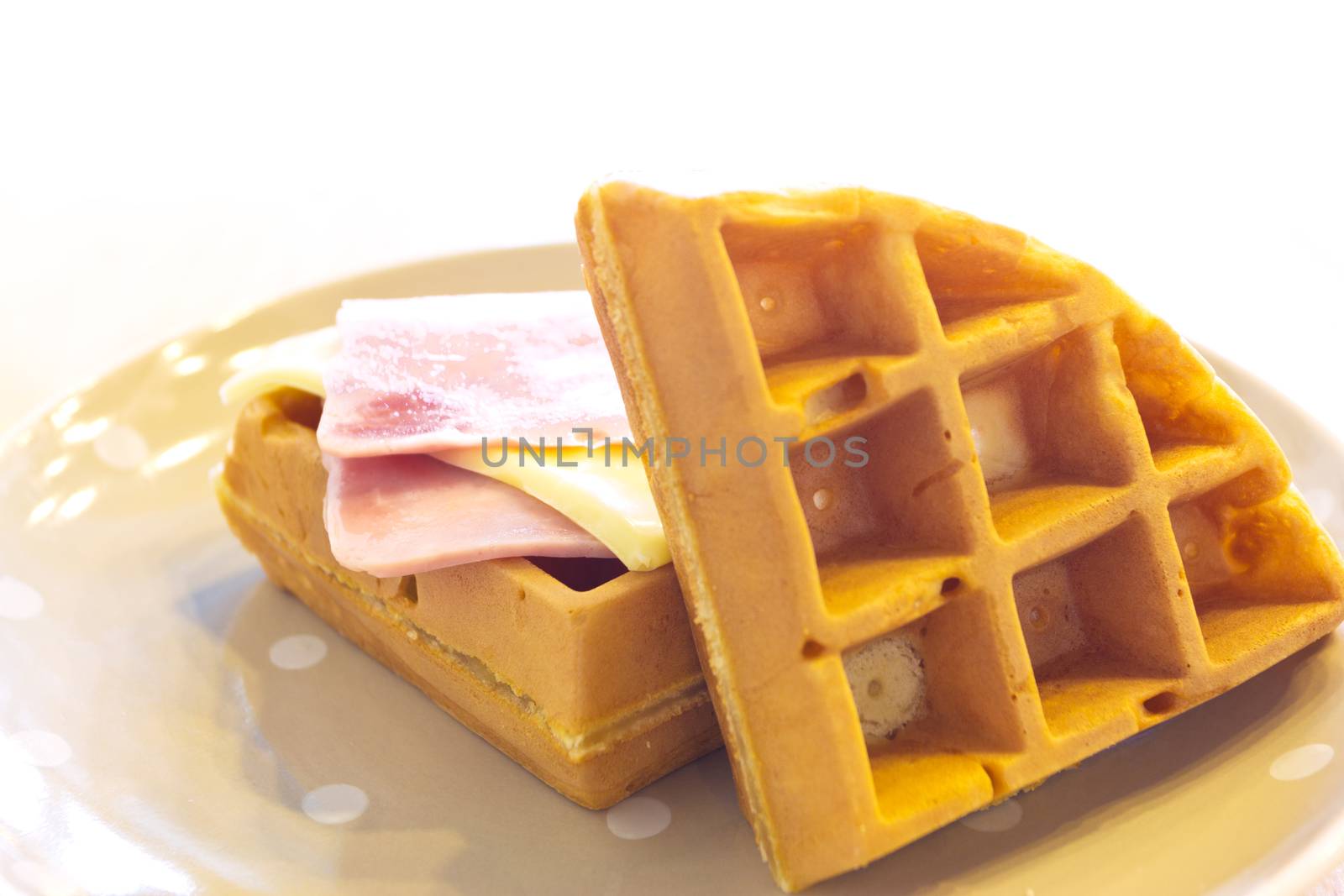 Waffles with ham and cheese on a plate by wyoosumran