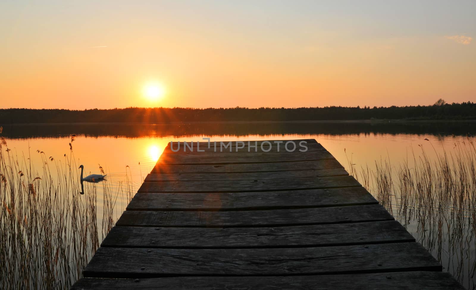 Wooden bridge to the lake under the sunset