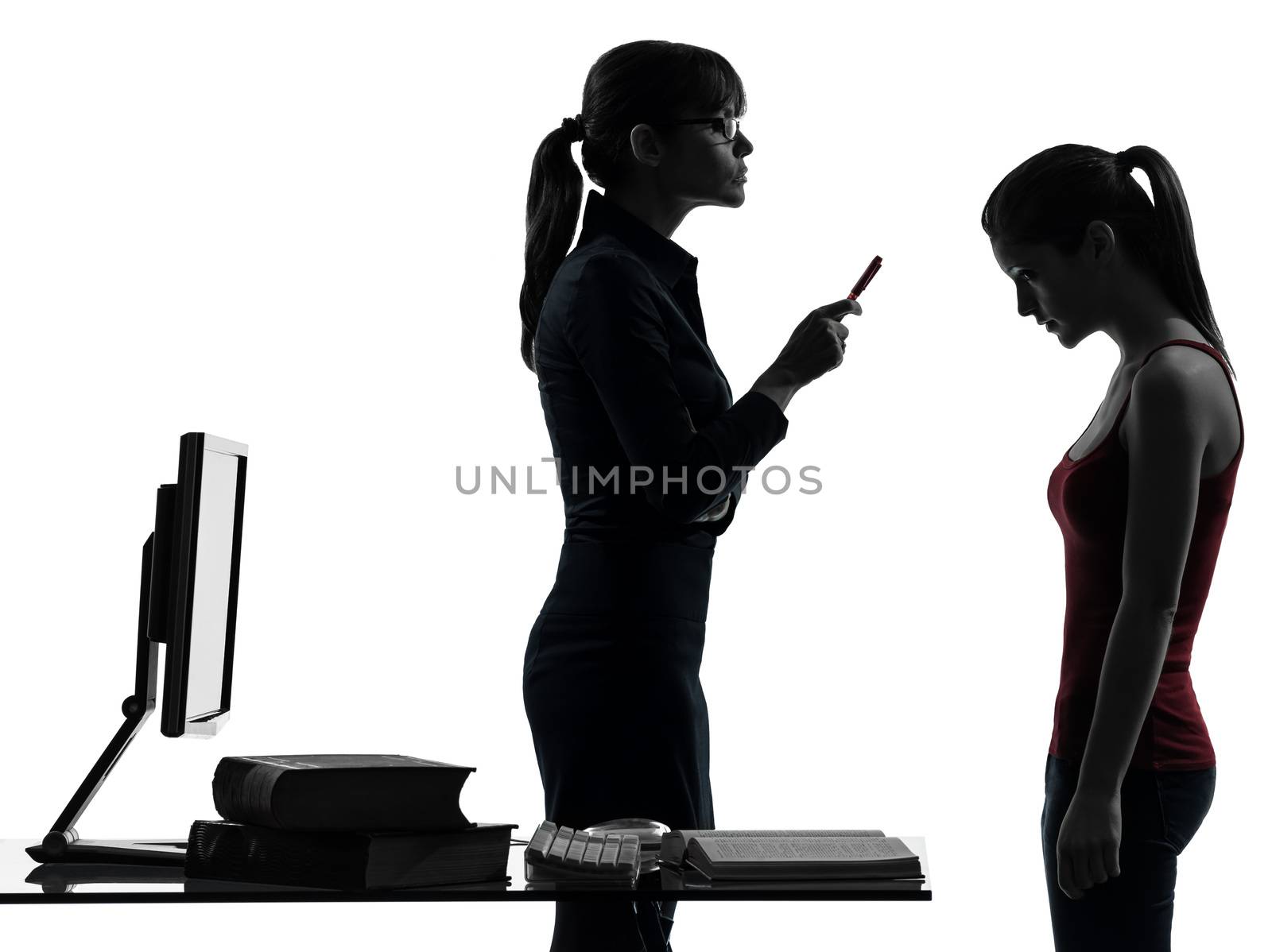 one caucasian teacher woman mother teenager girl reproach discussion in silhouette studio isolated on white background
