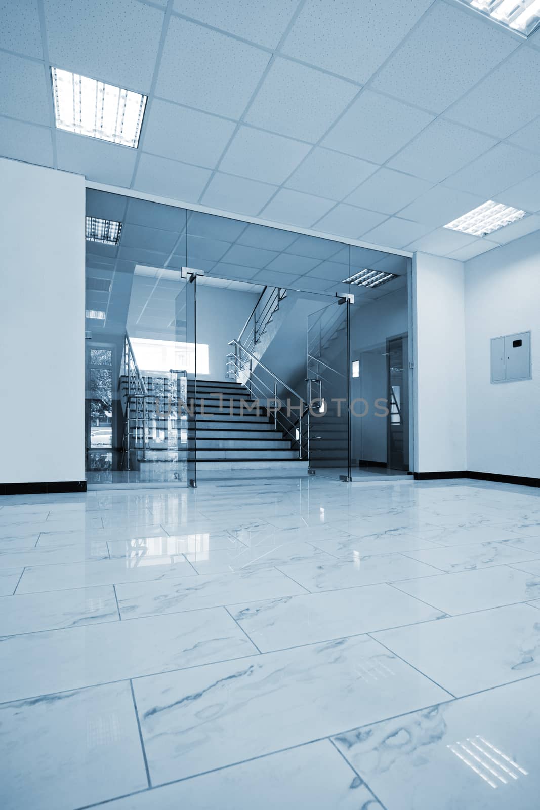 Glass doors with a kind on a marble staircase