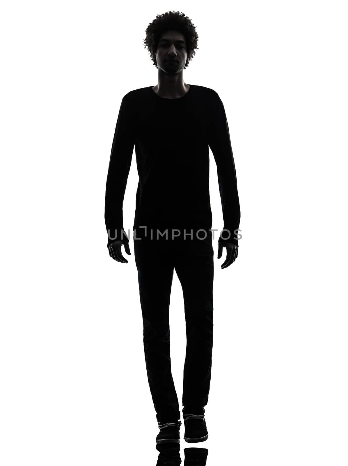 one african handsome young man walking in silhouette studio isolated on white background