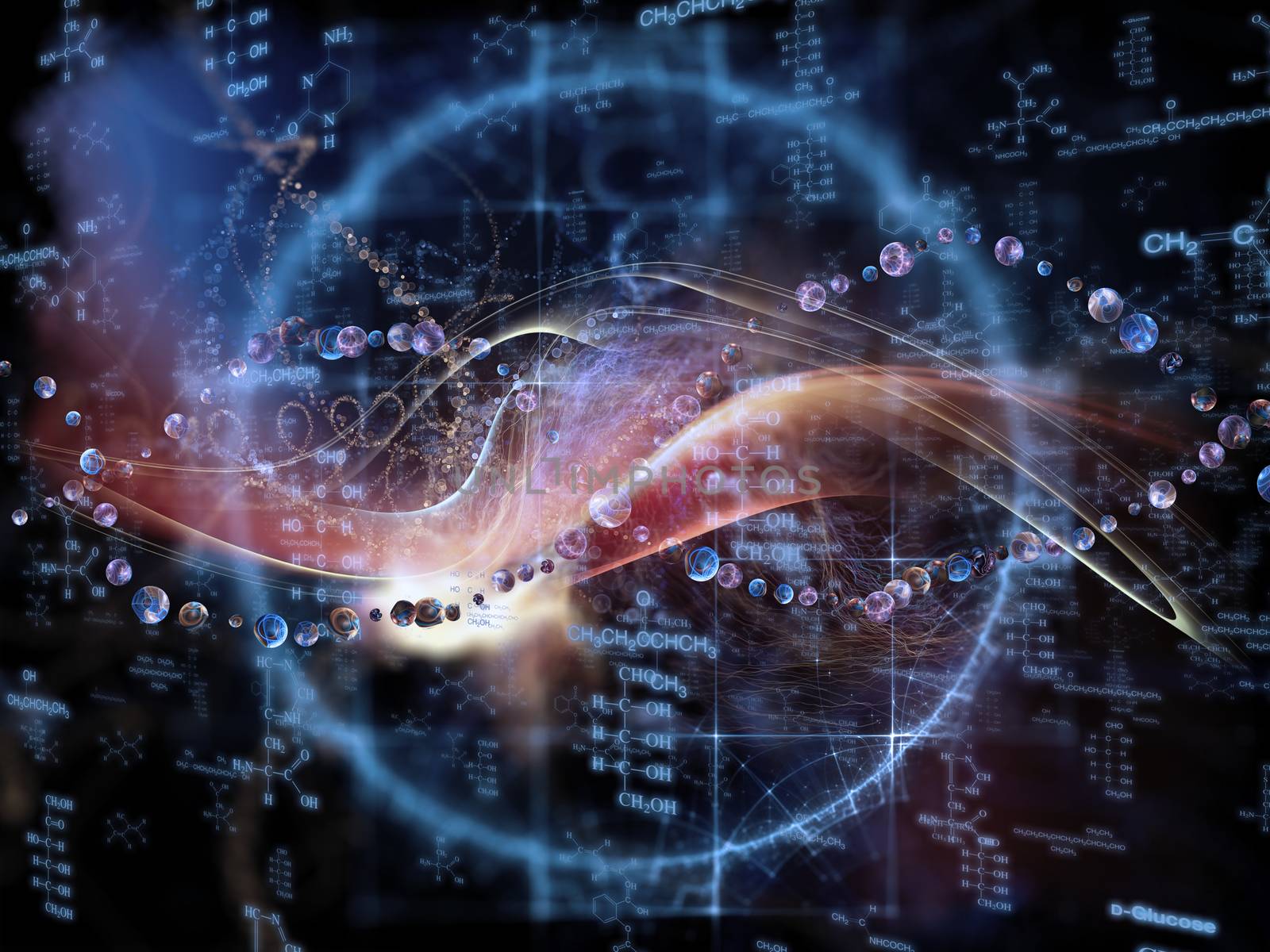 Molecular Dreams series. Interplay of conceptual atoms, molecules and fractal elements on the subject of biology, chemistry, technology, science and education