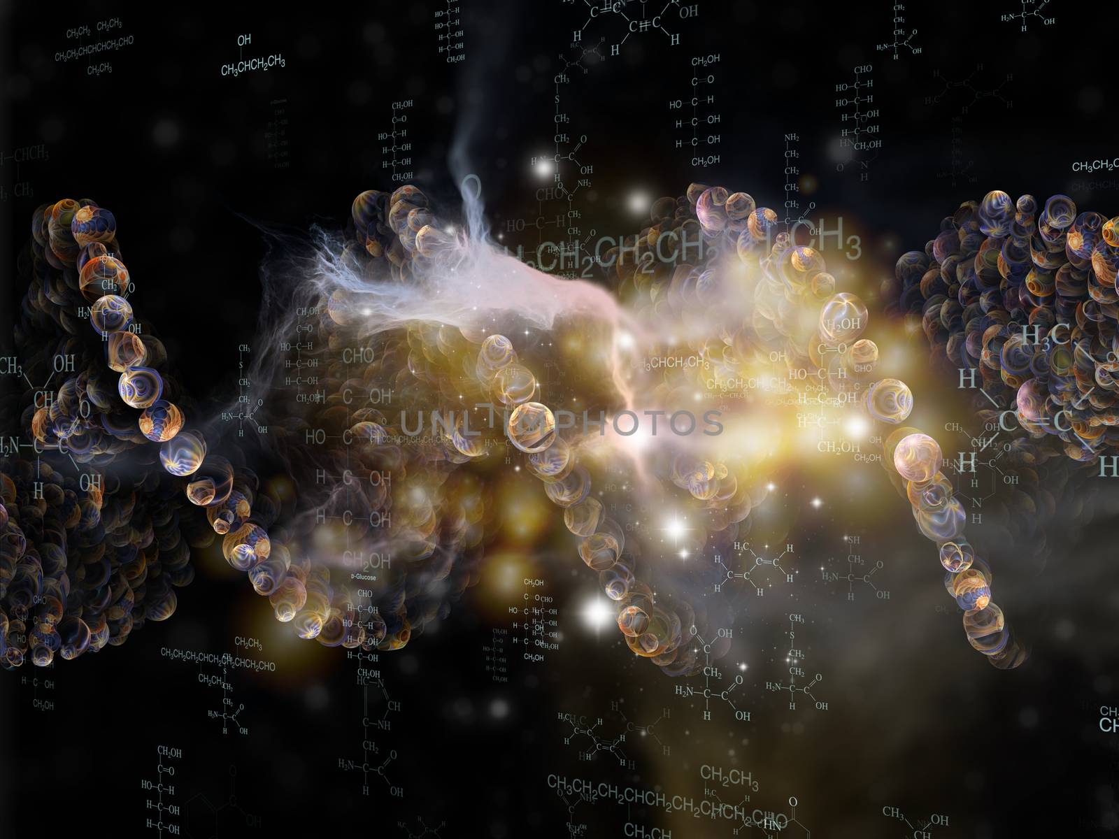 Molecular Dreams series. Creative arrangement of conceptual atoms, molecules and fractal elements to act as complimentary graphic for subject of biology, chemistry, technology, science and education