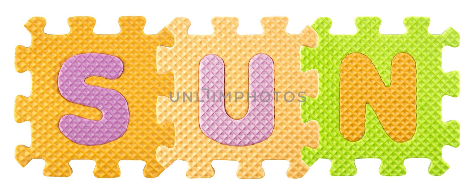 Sun word created from Alphabet puzzle isloated on white background , with clipping path.