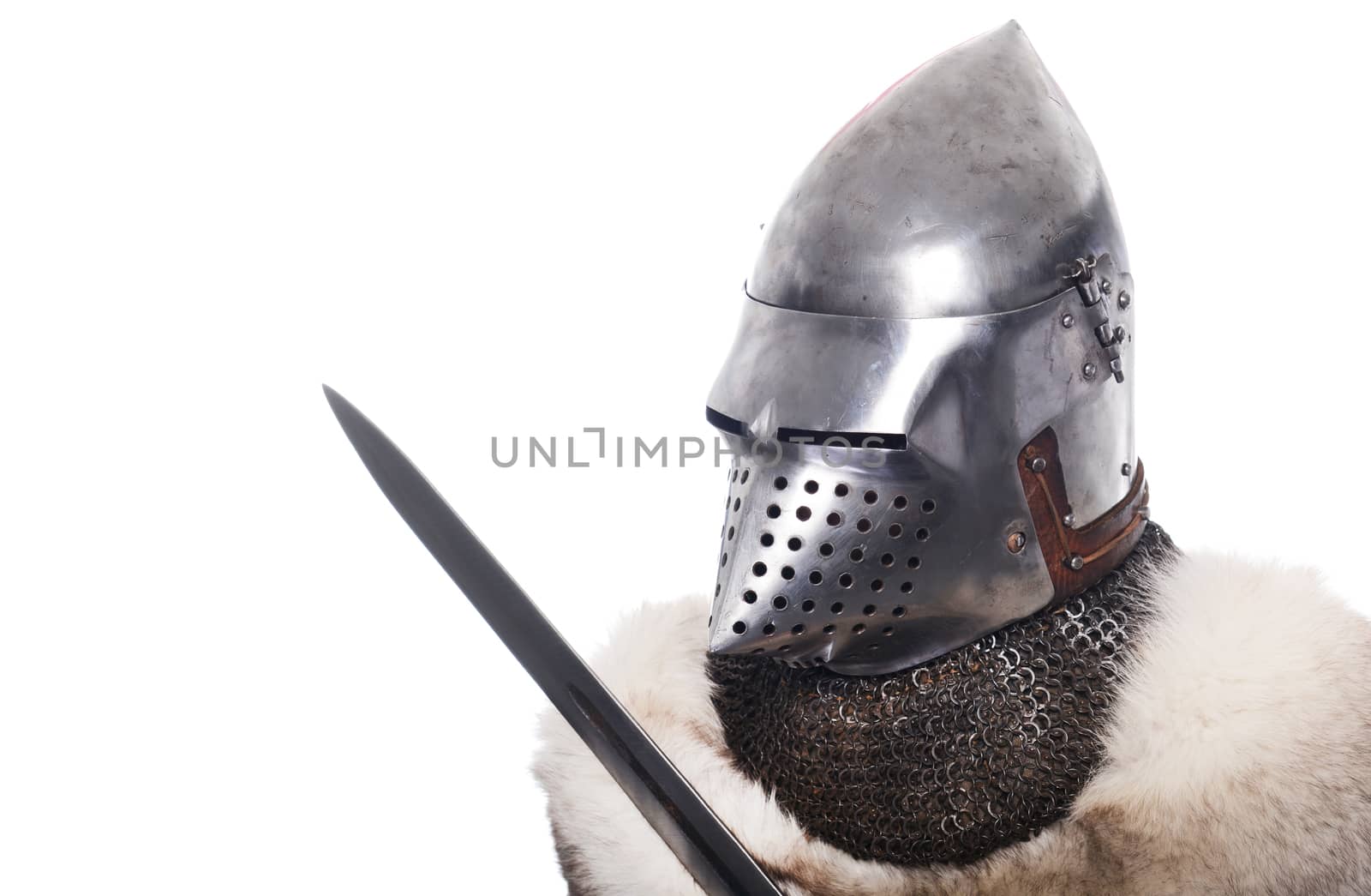 Portrait of XV century knight on white background