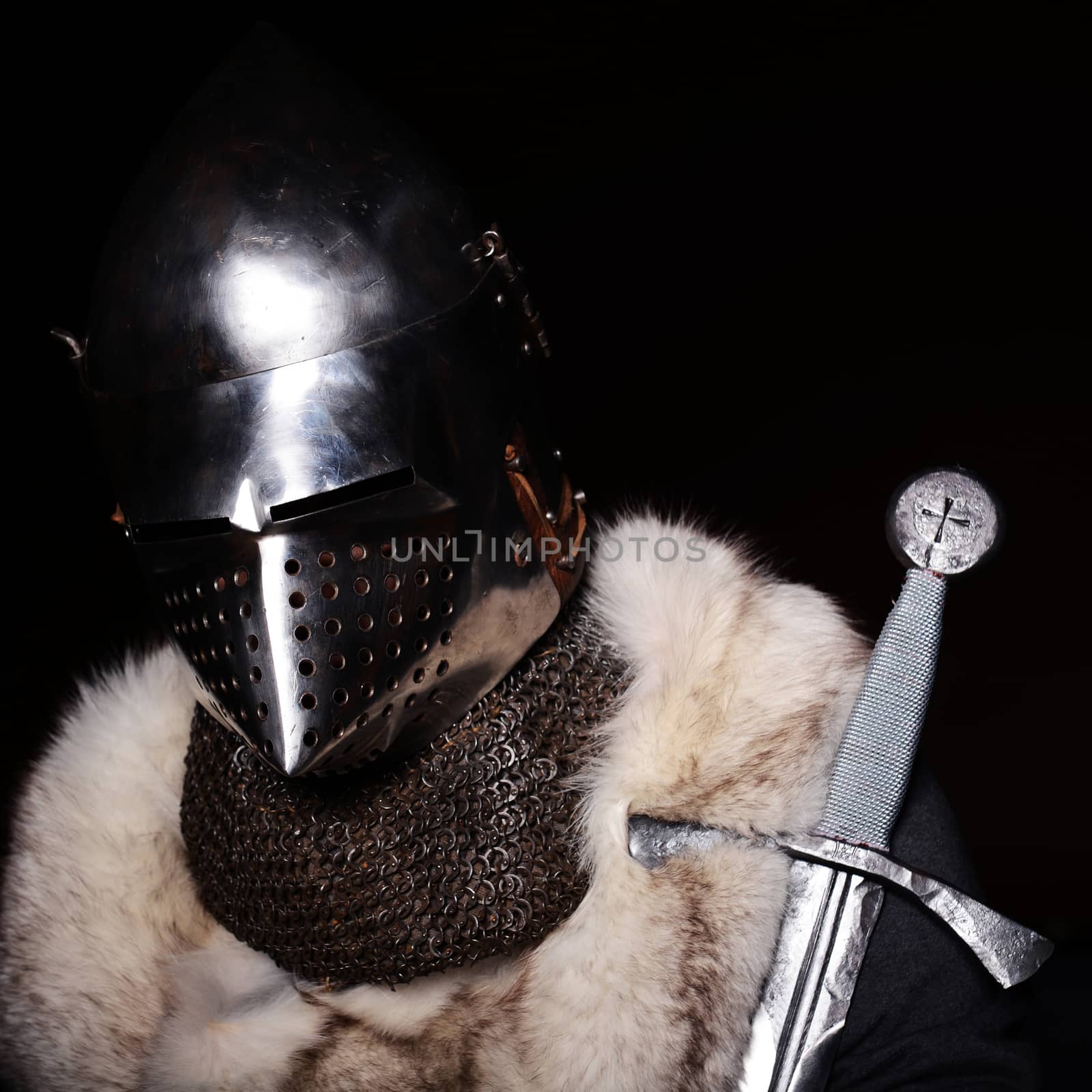 Portrait of XV century knight on black background