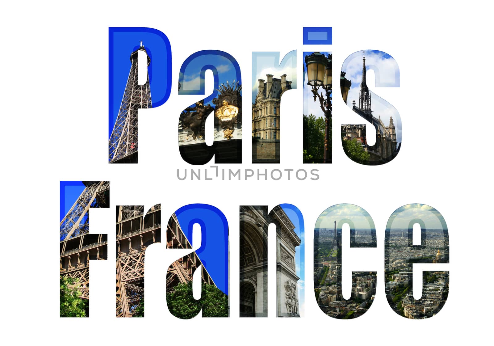 Paris, France type with different tourist areas attractions