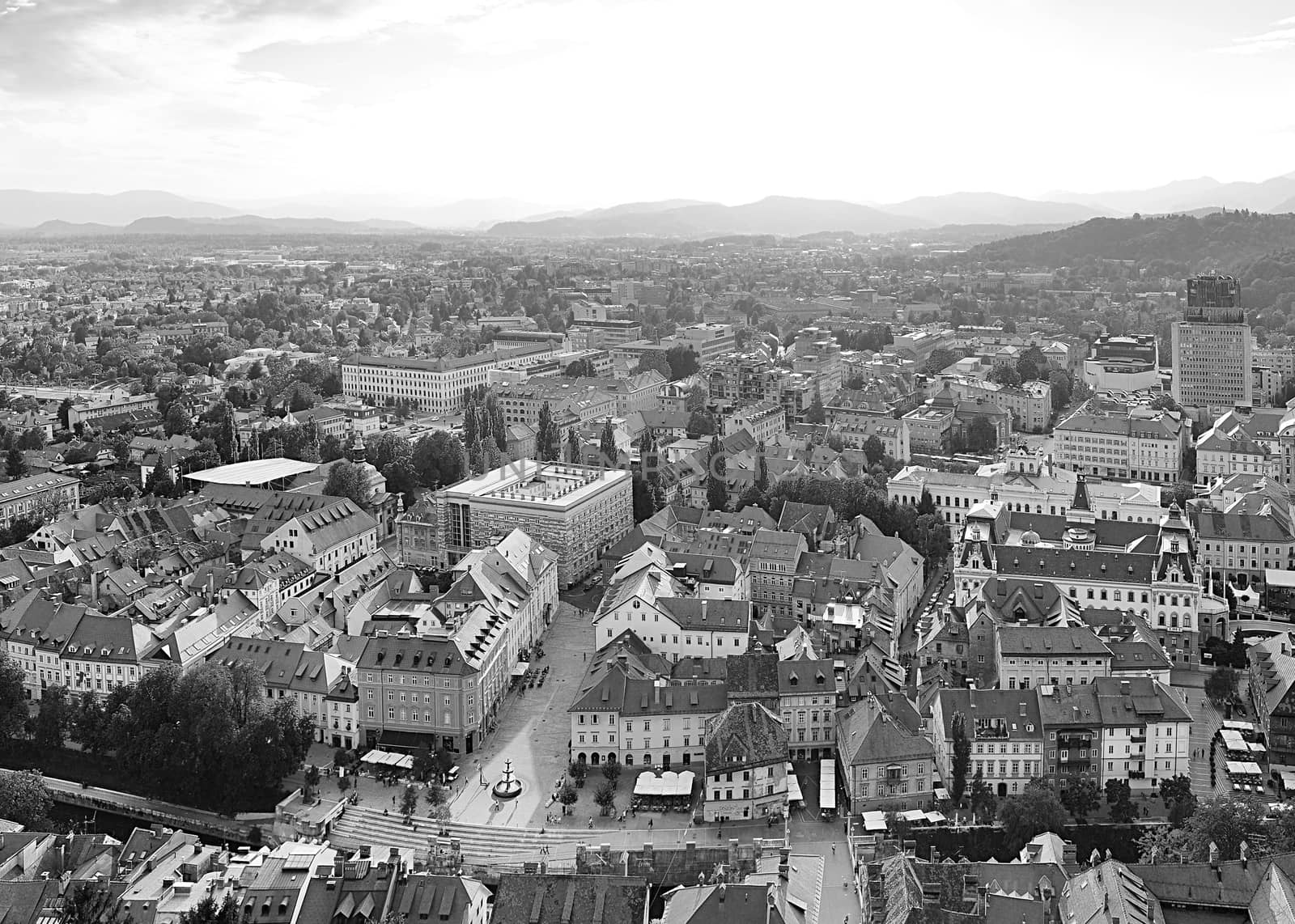 Black and white panorama of Ljubljana city . Slovenia