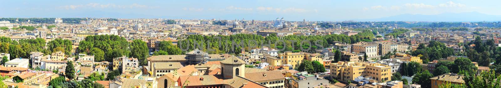 Wide panoramic view of Rome in the day. Italy