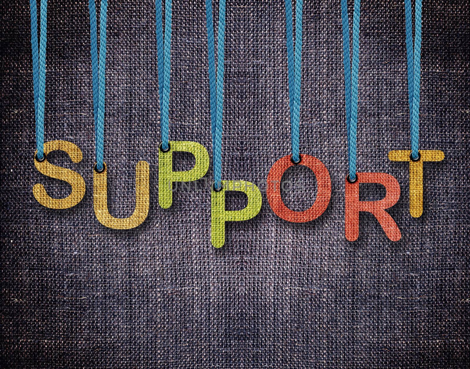 Support Letters hanging strings with blue sackcloth background.