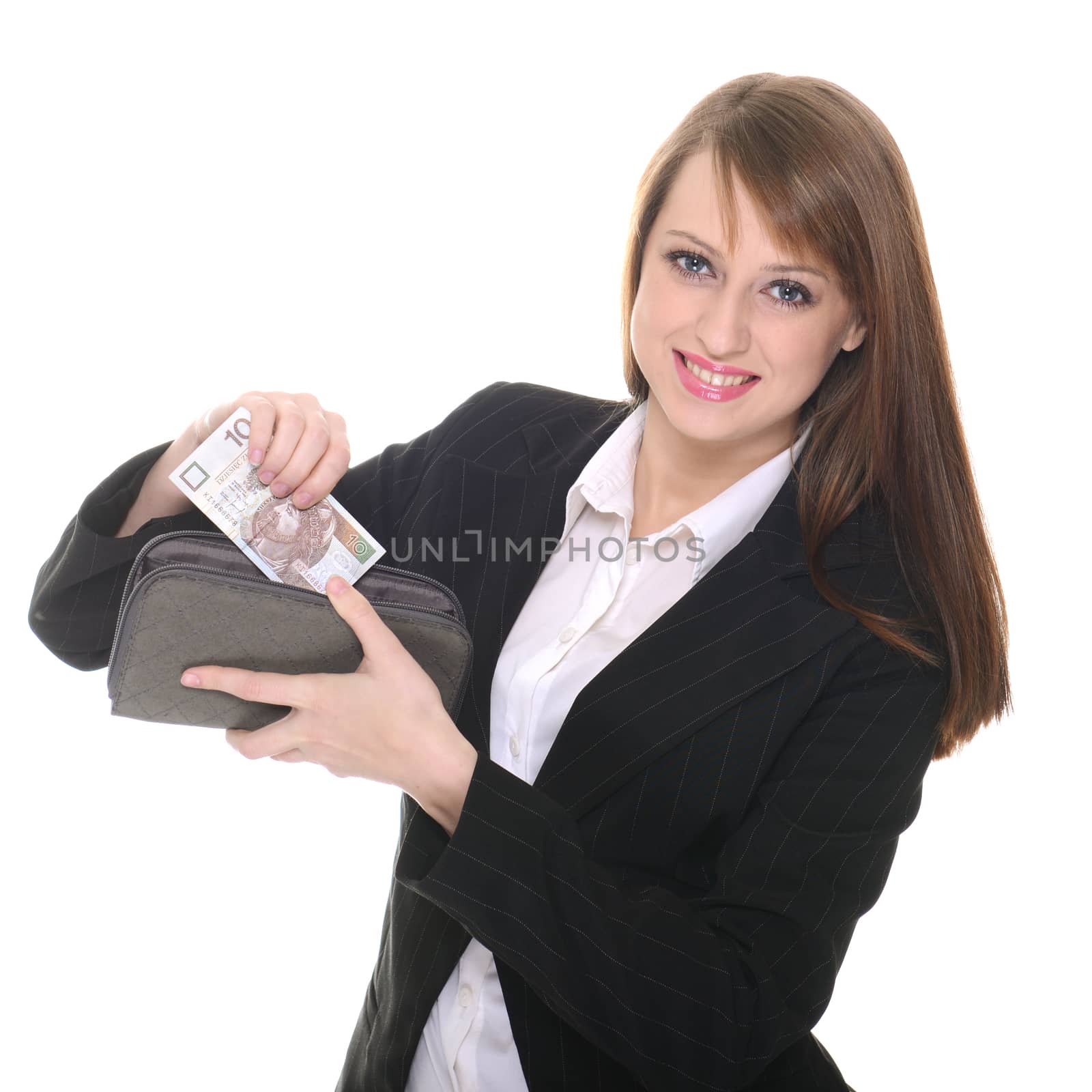 Beautiful brunette posing with wallet and polish money over white background