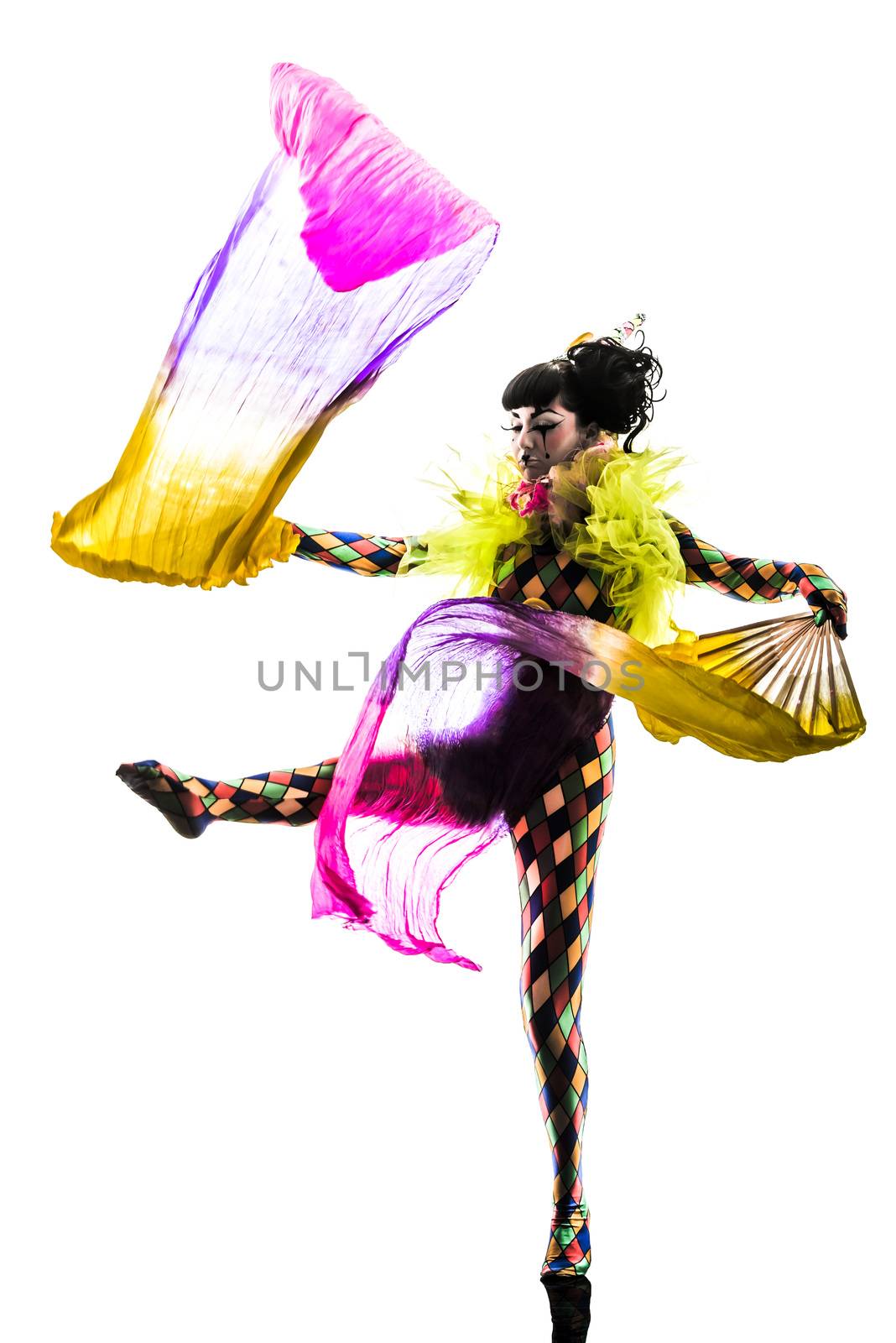 one caucasian woman harlequin circus dancer performer in silhouette studio isolated on white background