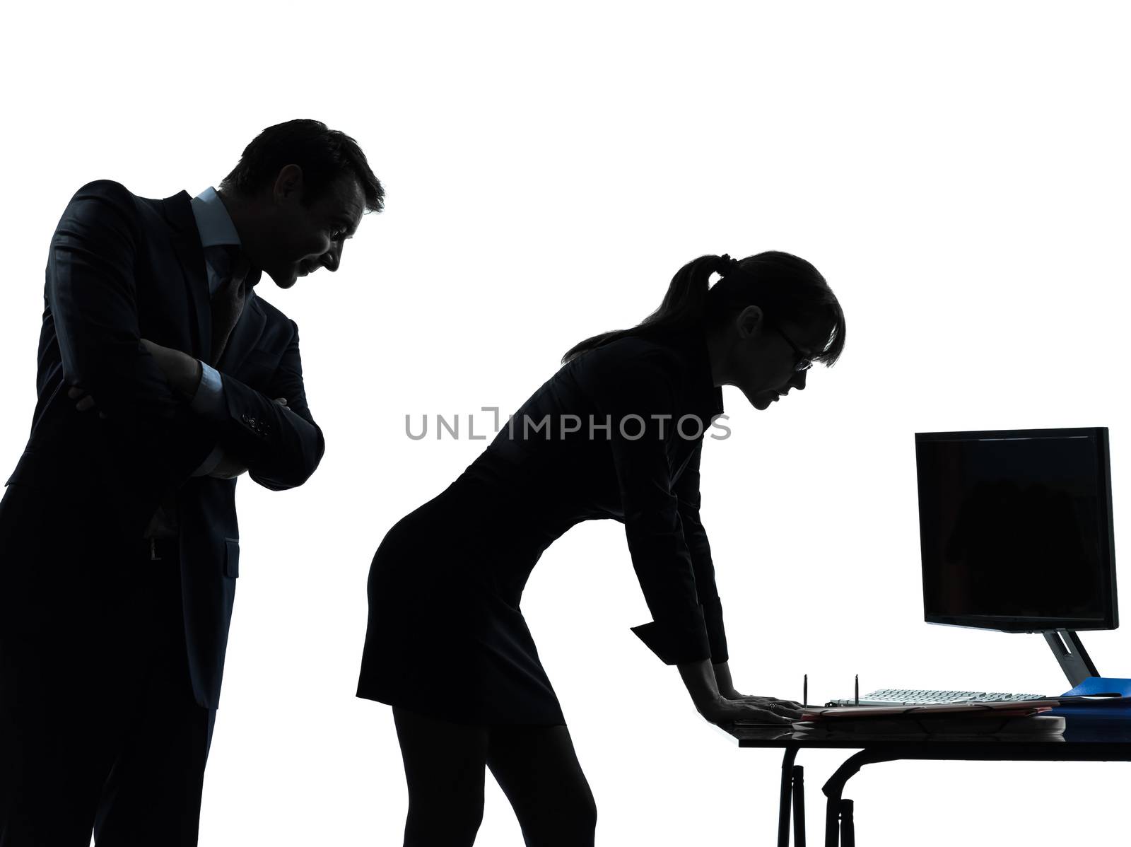 one caucasian business woman man couple sexual harassment in silhouette studio isolated on white background
