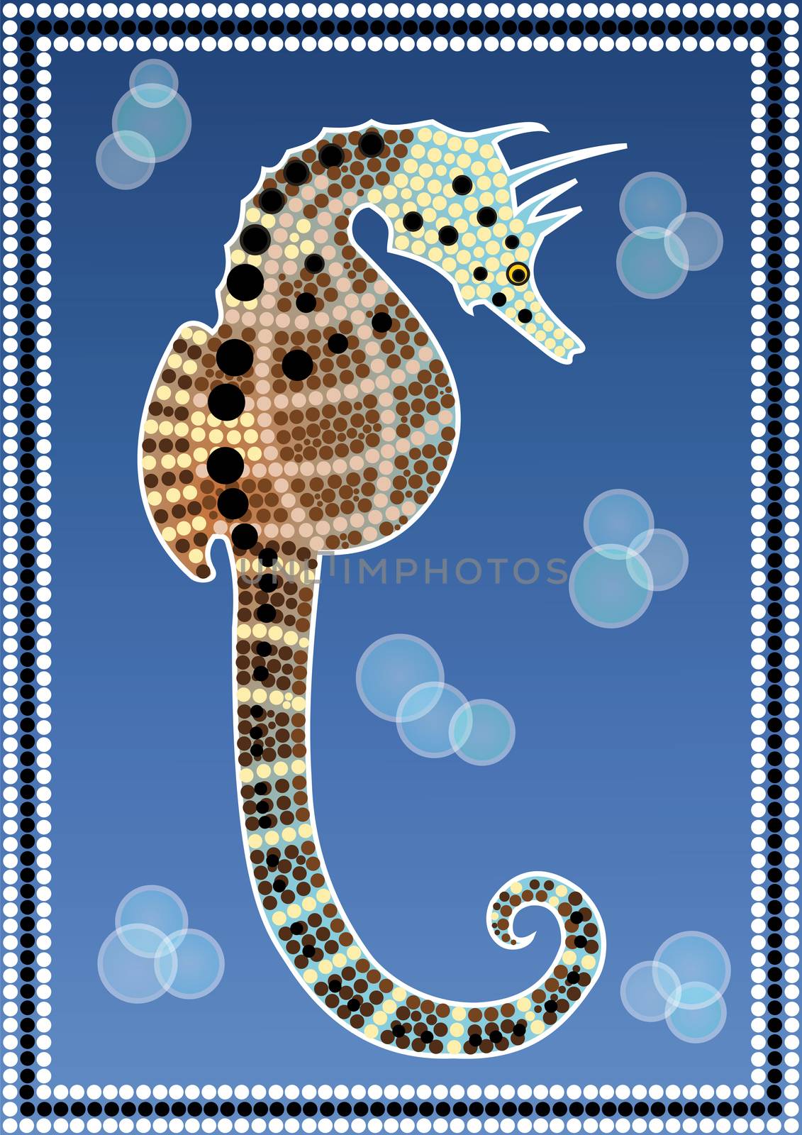 A illustration based on aboriginal style of dot painting depicting Seahorse 