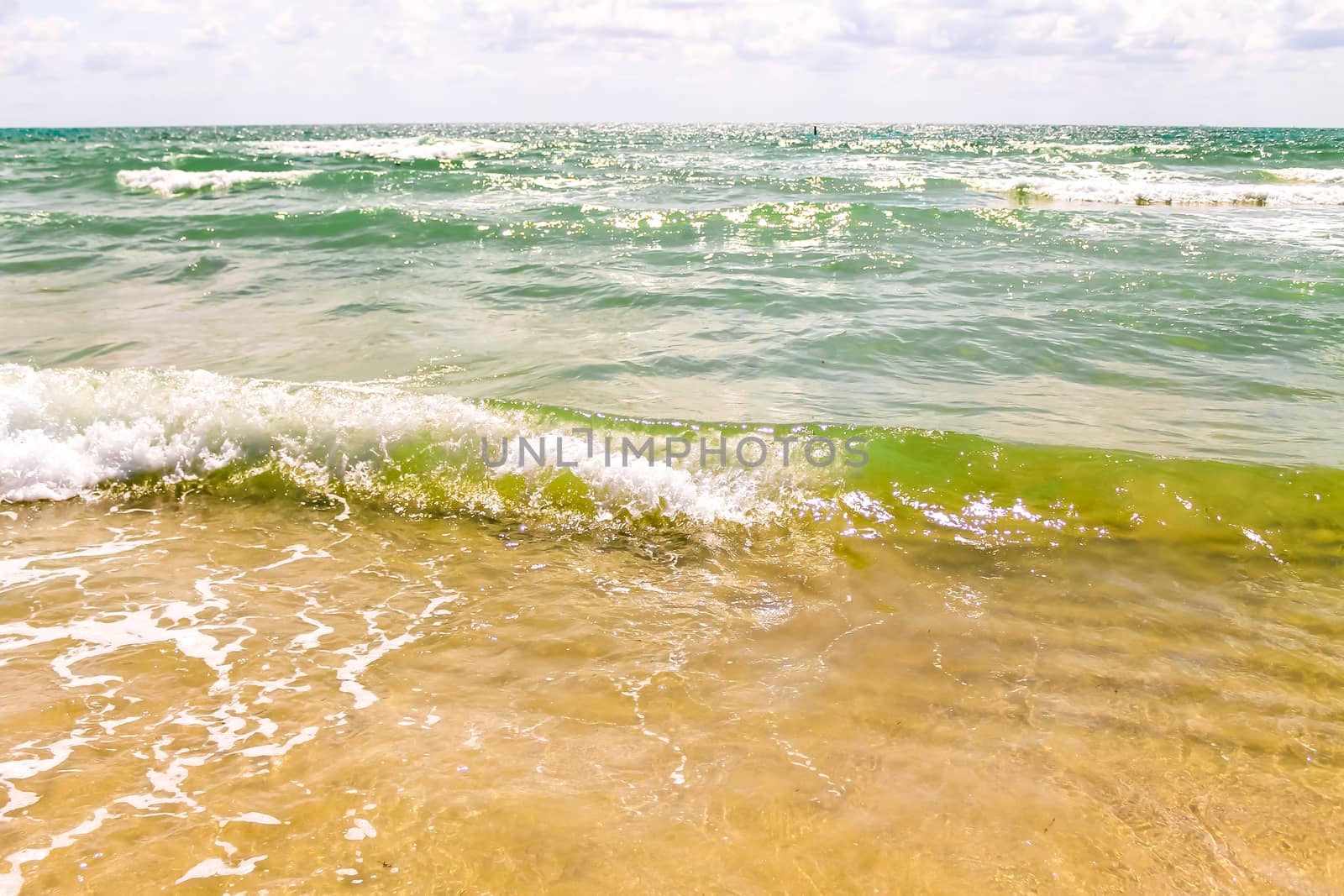 Beautiful green ocean with a wave hitting the sandy beach