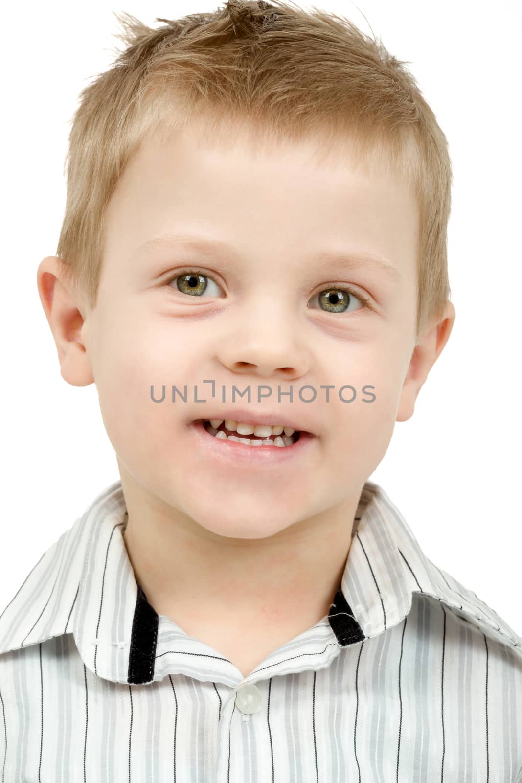 Studio portrait of young beautiful boy on white background