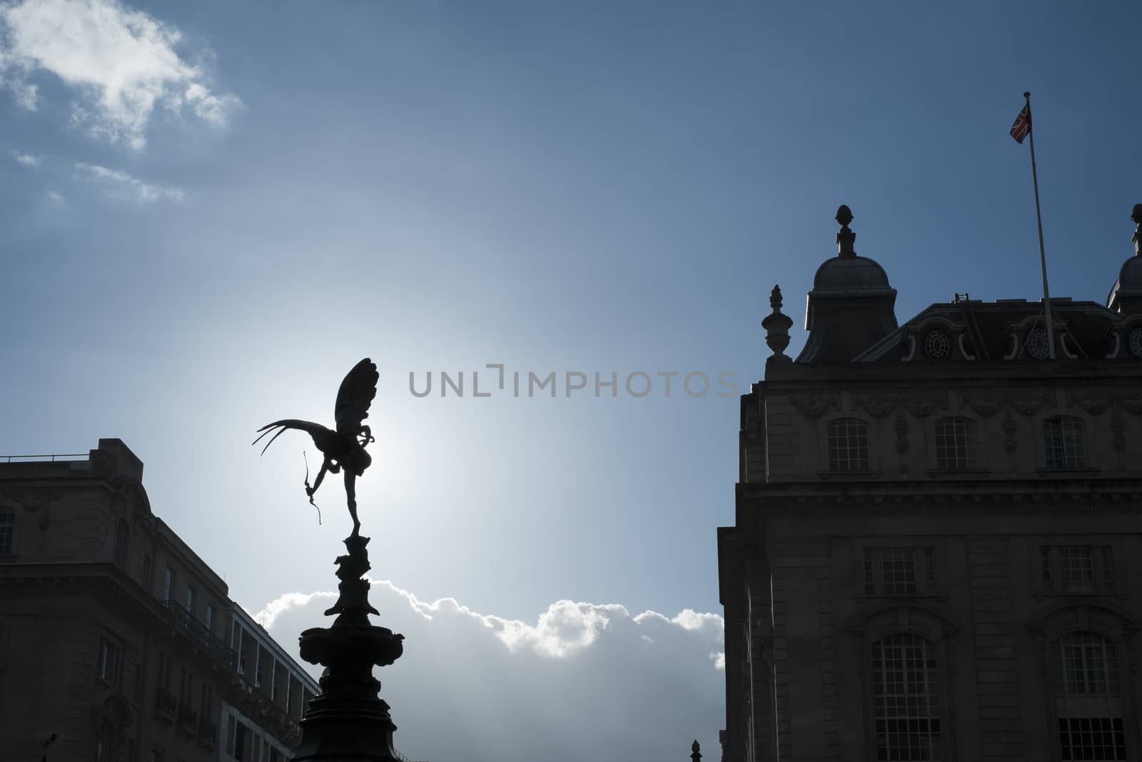 LONDON, UK - MARCH 14: Silhouette of Alfred Gilbert's statue of Eros in Piccadilly Circus. March 01, 2014 in London.