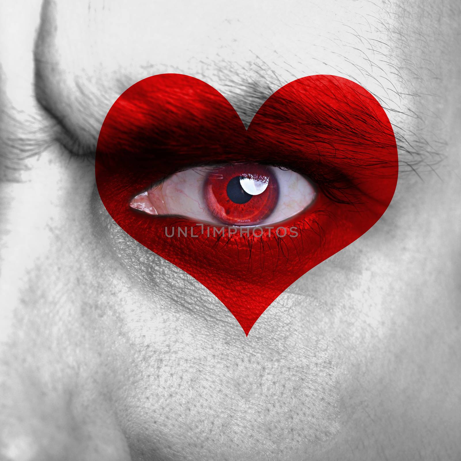 Love background - human face with red heart on eye