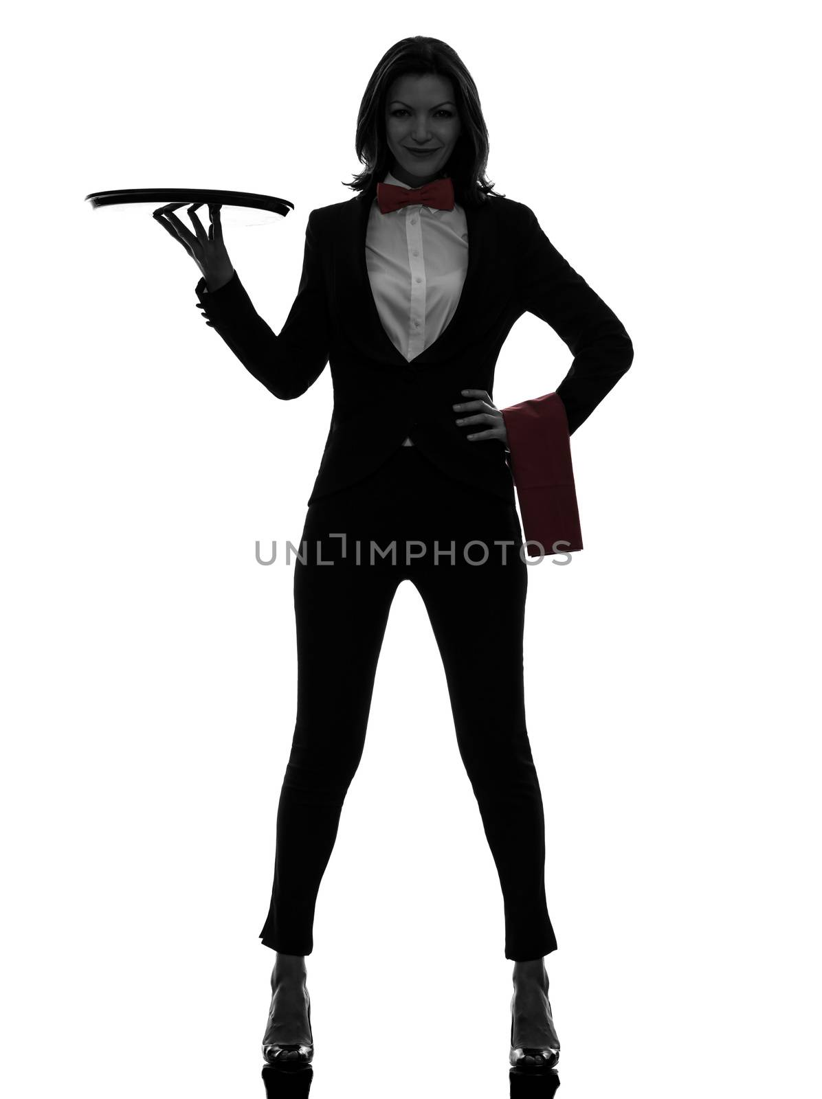 one caucasian woman waiter butler holding empty tray in silhouette on white background