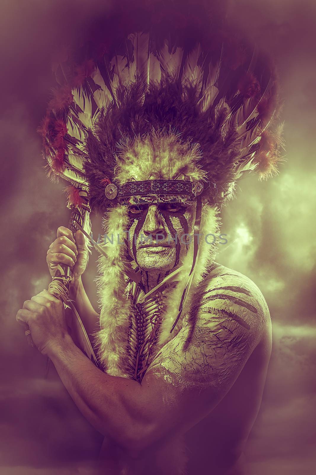 Sepia tone, American Indian warrior, chief of the tribe. man wit by FernandoCortes