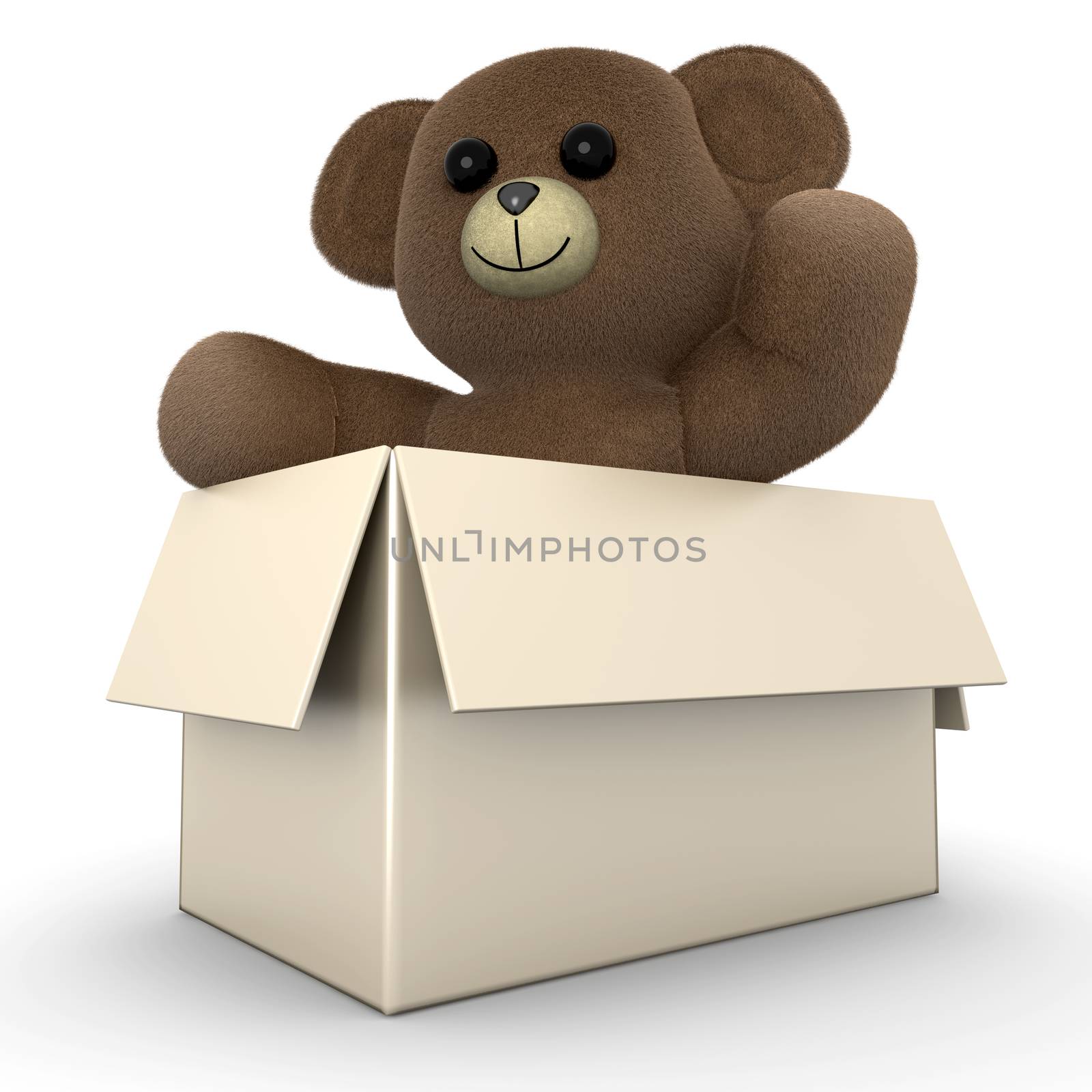 A Teddy greeting from within a box. 3d rendered Illustration.