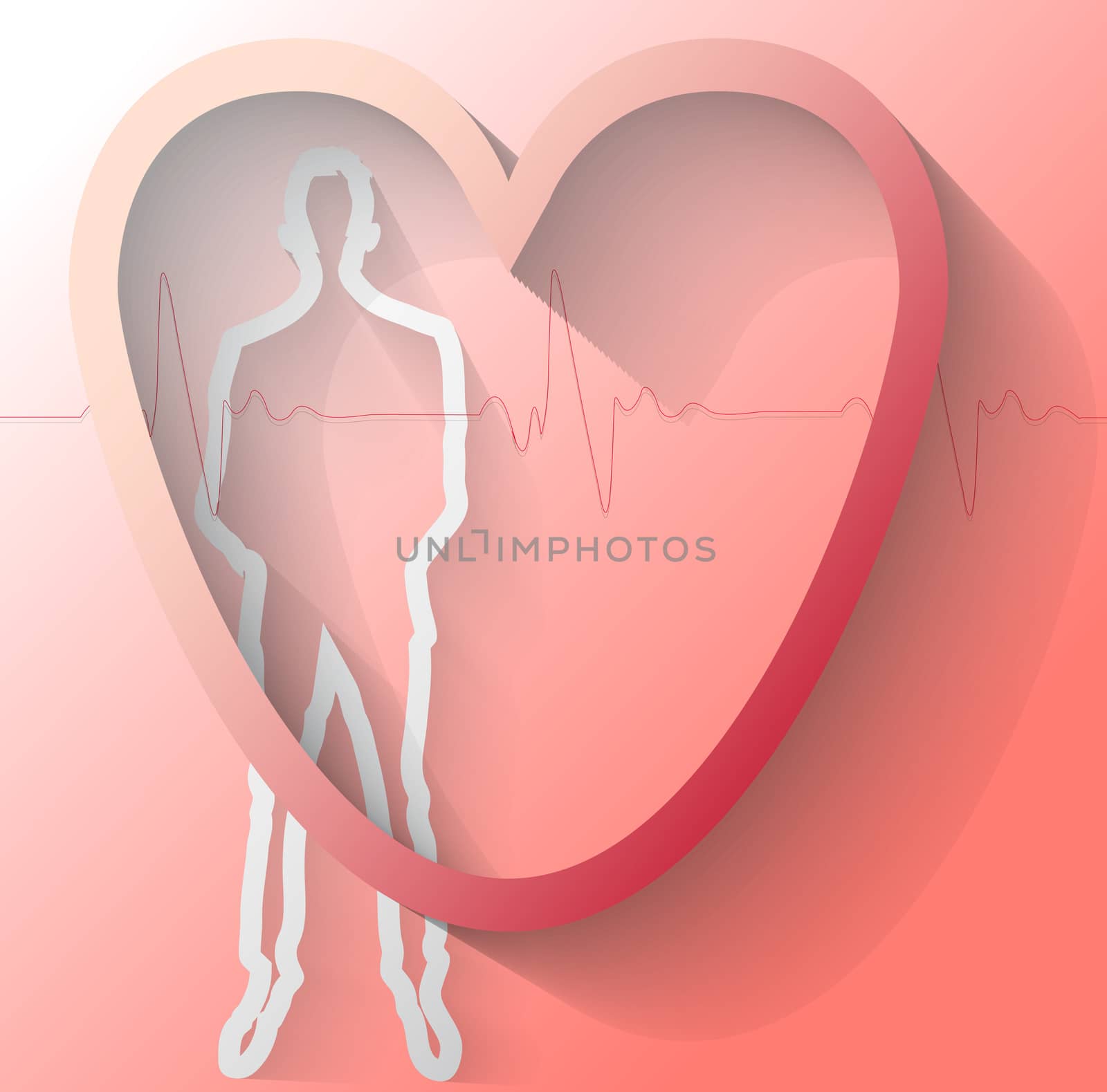 Illustration of man with heart beat on red background