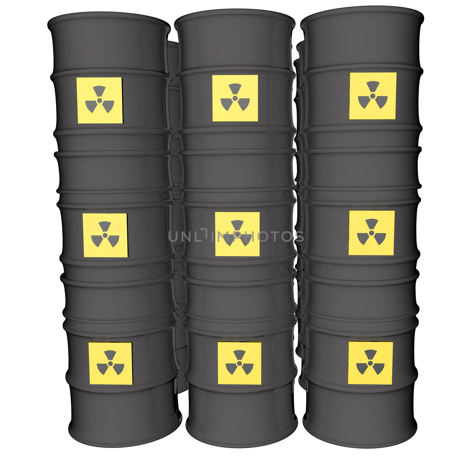 Nuclear danger symbol over many barrels, isolated over white, 3d render