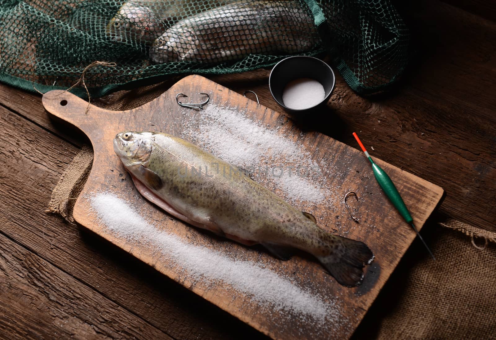 Fresh trouts on wooden background