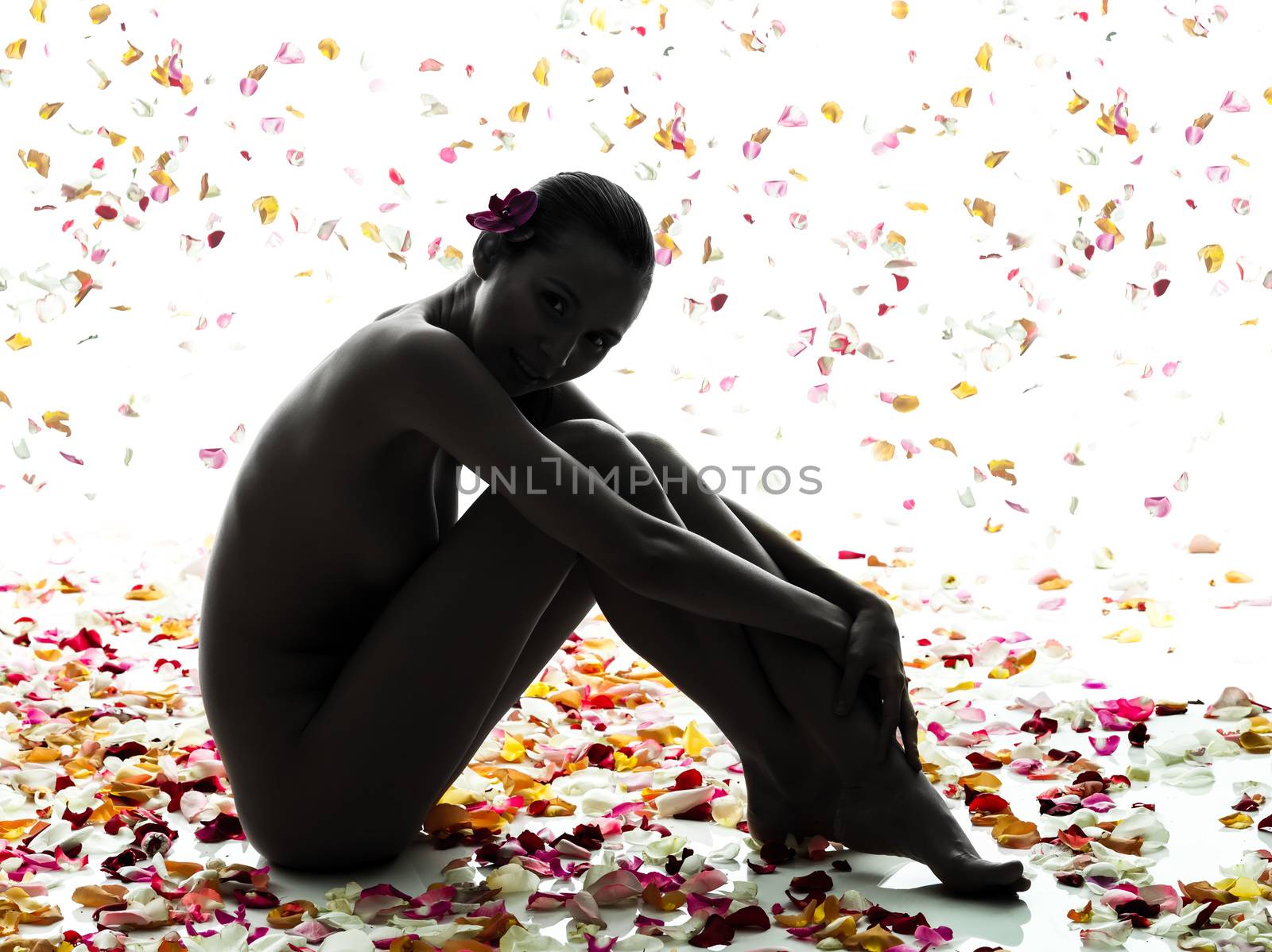beautiful asian woman naked sitting with flowers petal silhouett by PIXSTILL