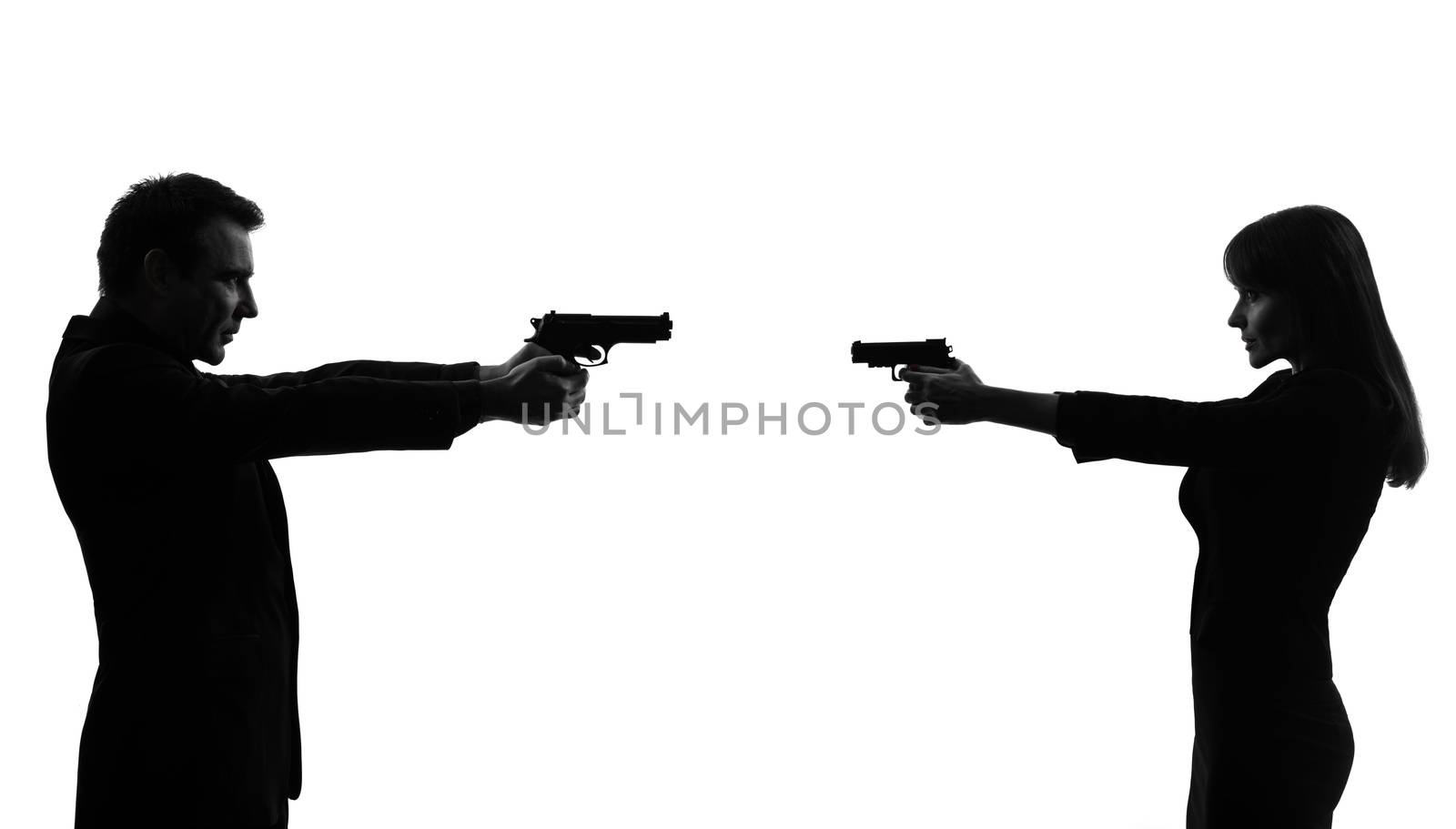 one caucasian couple woman man in duel  in silhouette studio isolated on white background
