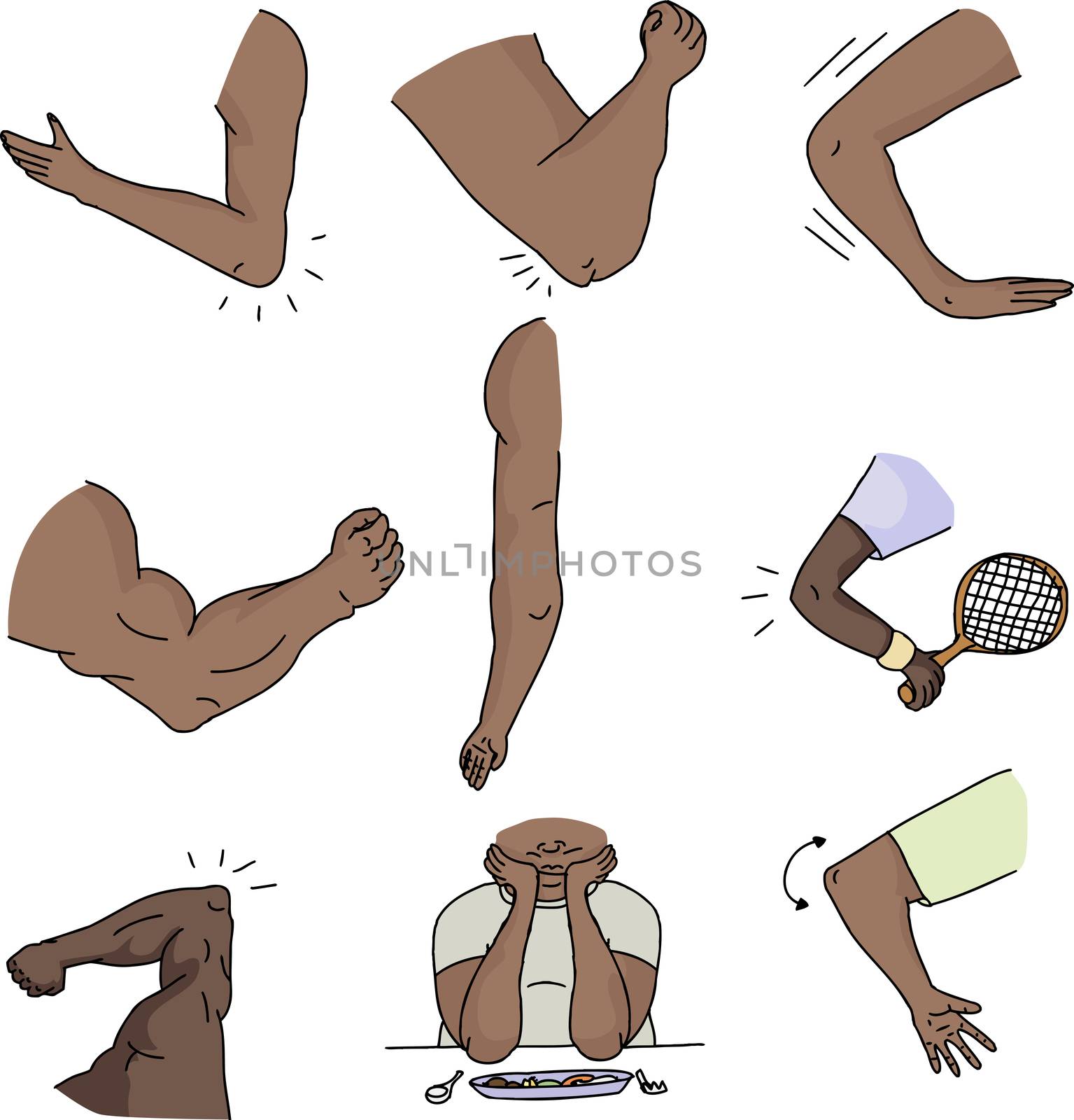 Various human elbows and arms on isolated background