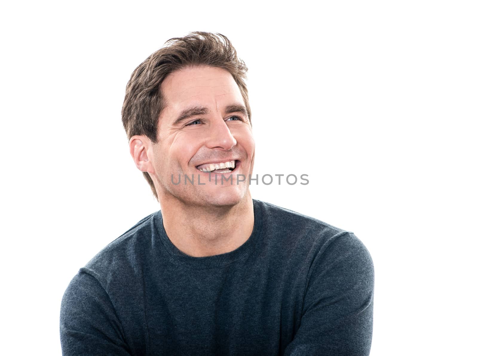 one caucasian man mature handsome man laughing portrait studio white background