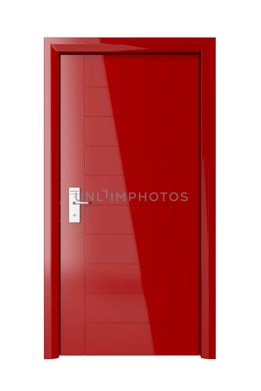 Red door with electronic keycard lock isolated on white background