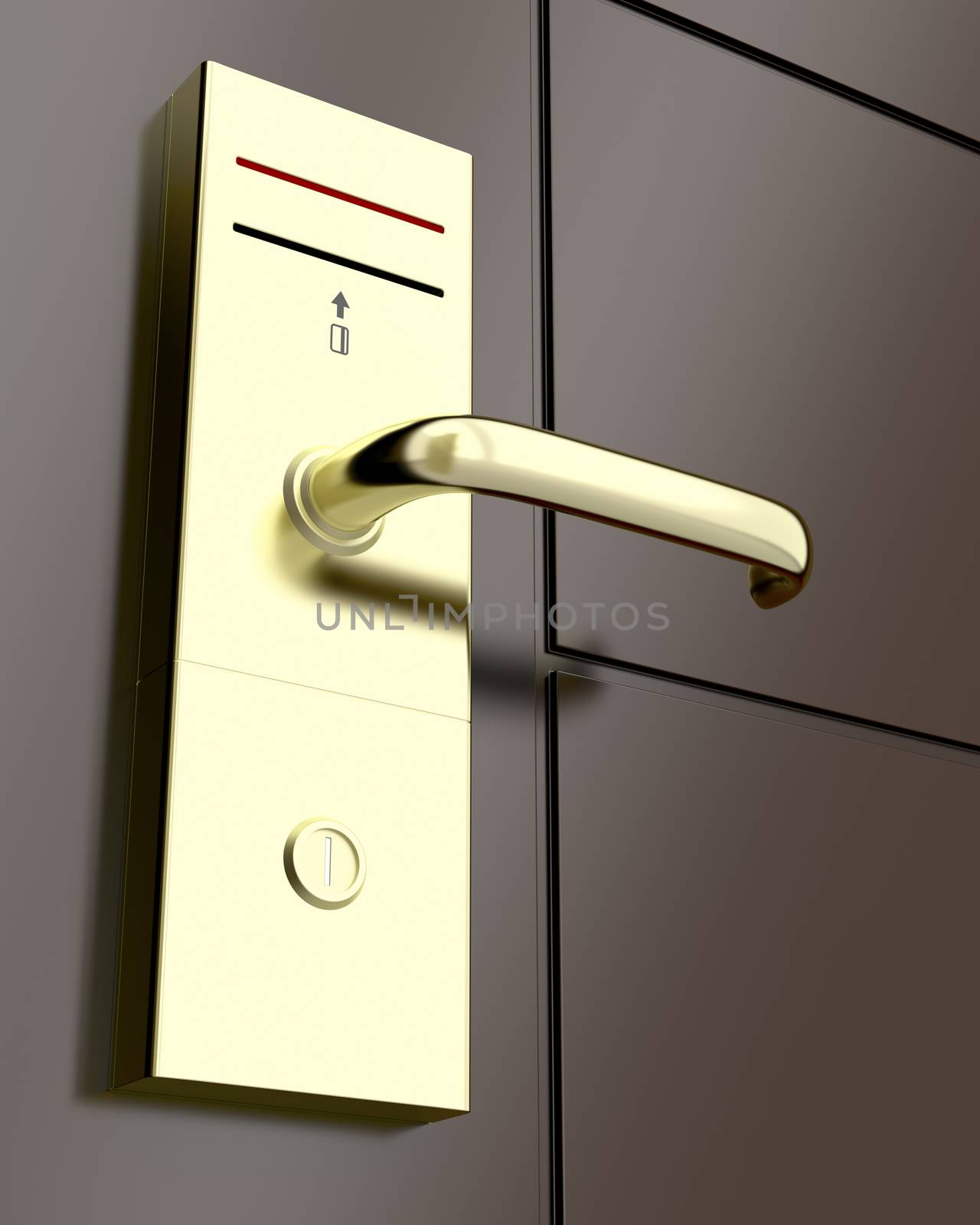 Electronic lock on door, 3d rendered illustration